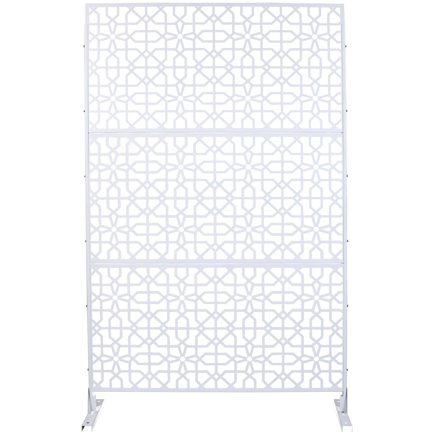 White metal privacy screen with intricate geometric pattern for garden use