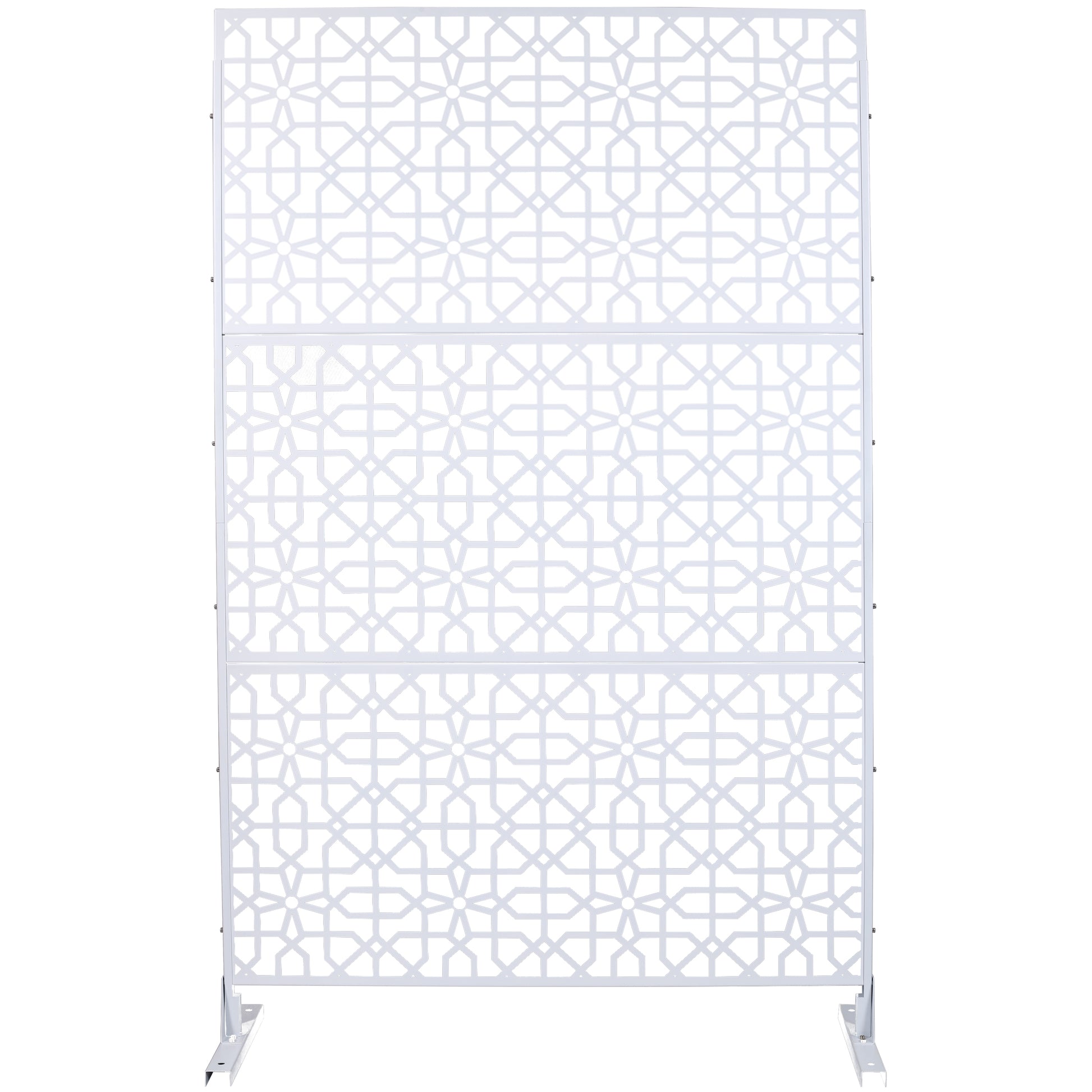 White metal privacy screen with intricate geometric pattern for garden use