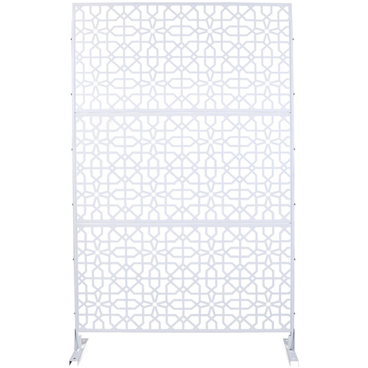 White metal privacy screen with intricate geometric pattern for garden use