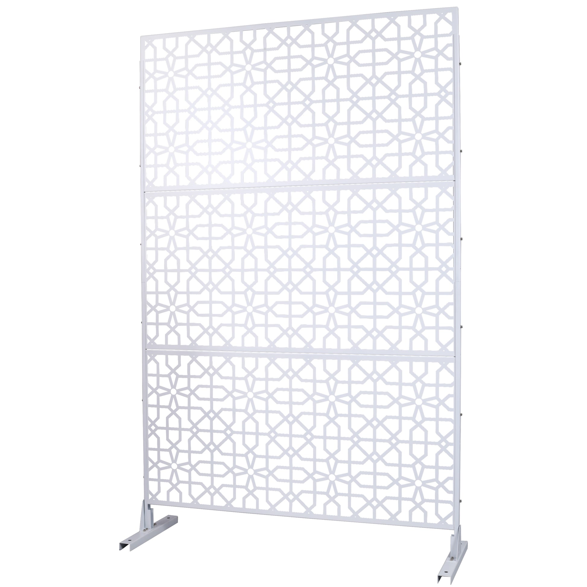 White metal decorative screen with geometric lattice pattern and stable base
