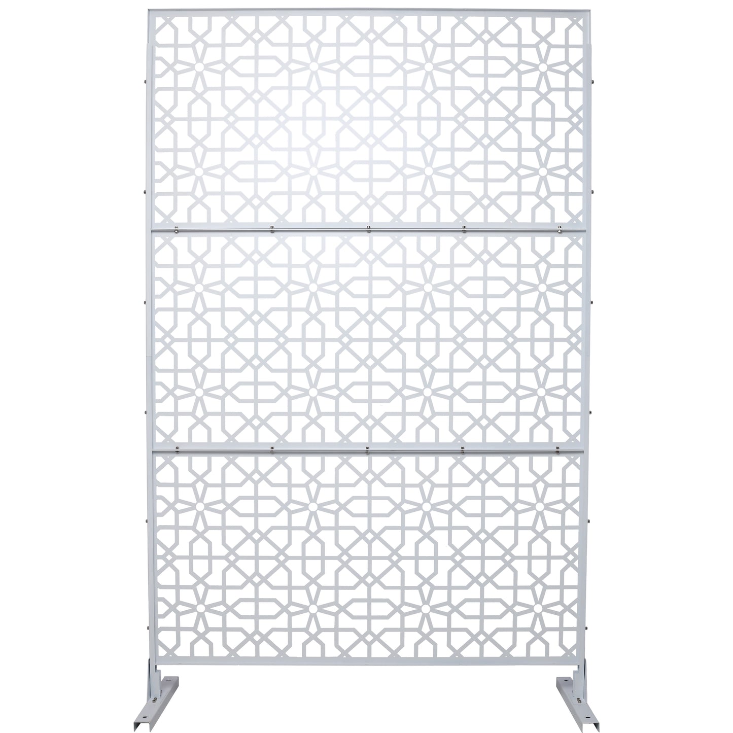 White geometric pattern room divider screen with metal frame