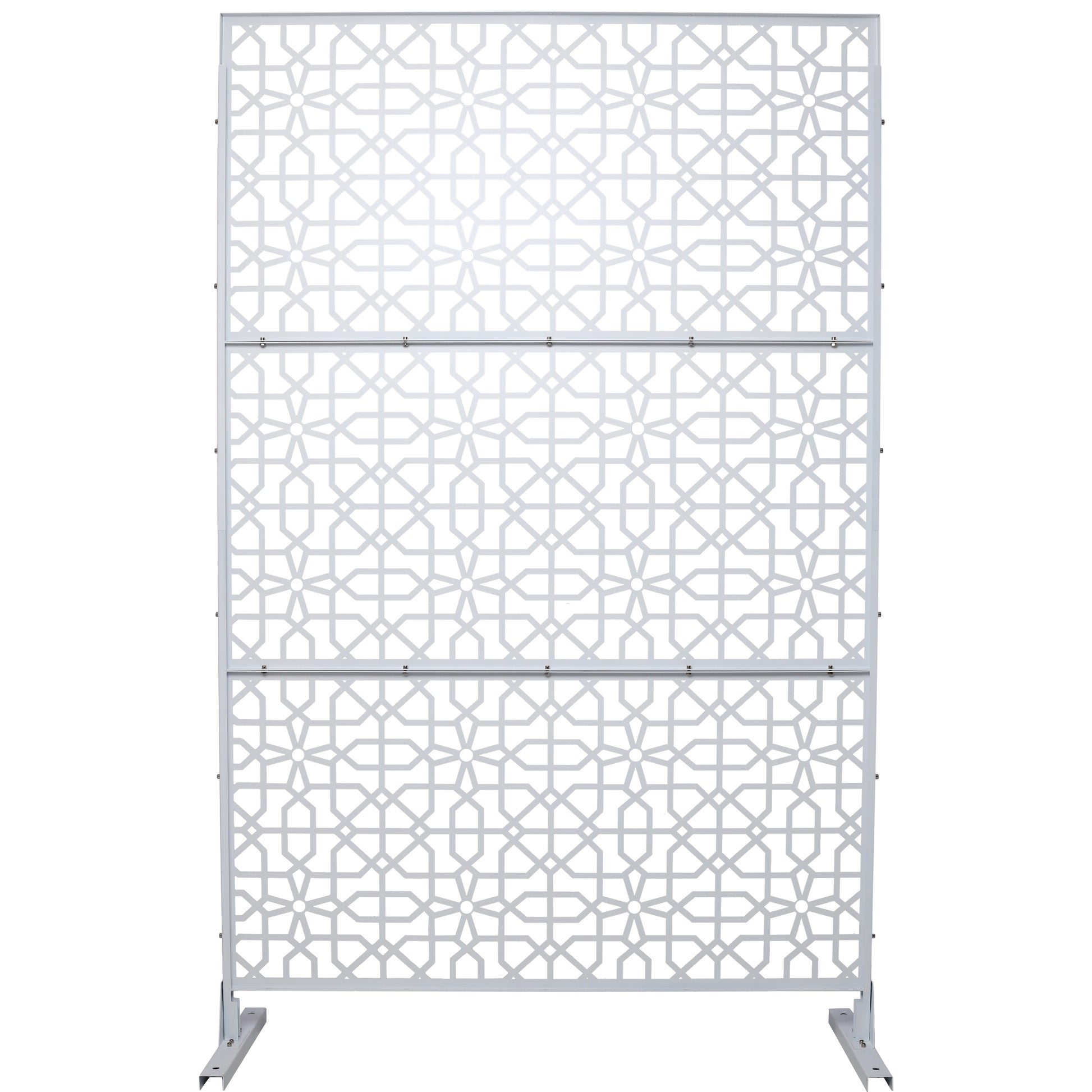 White geometric pattern room divider screen with metal frame