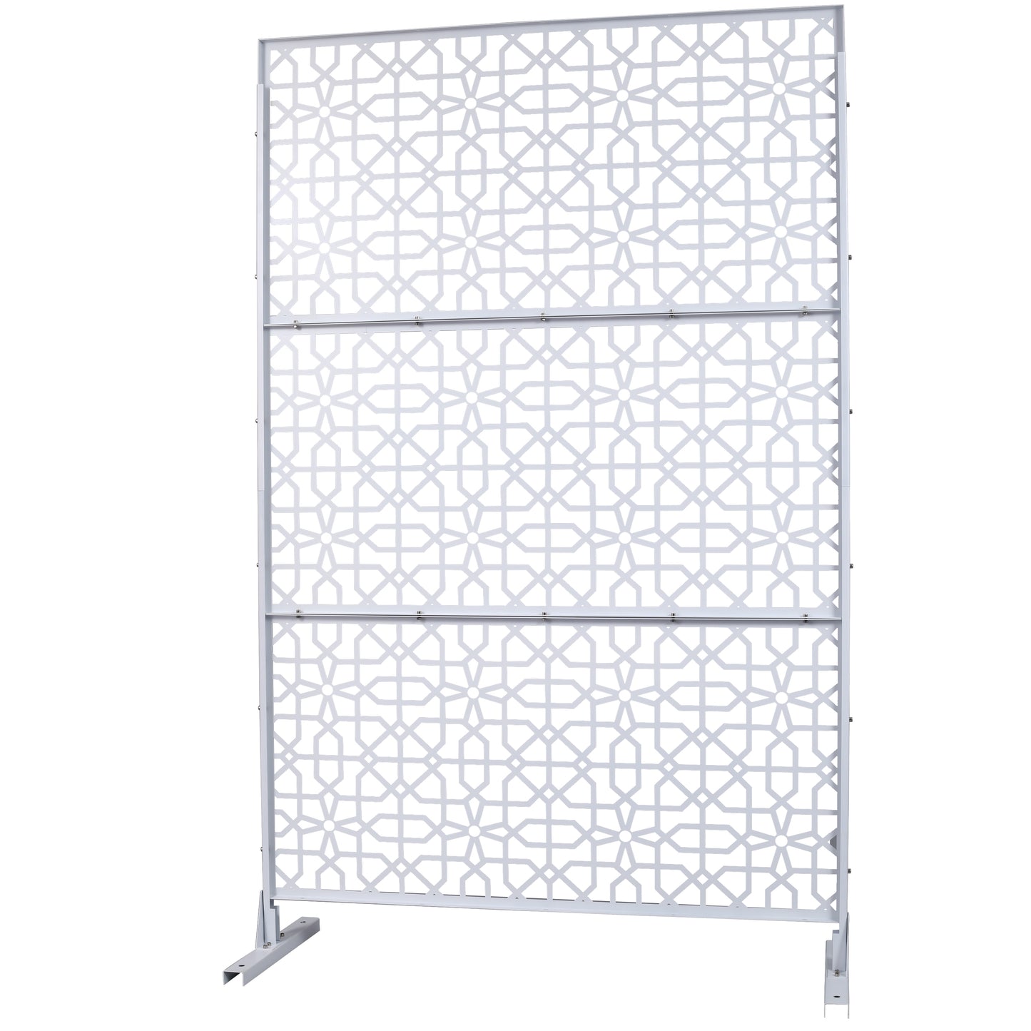White geometric metal room divider with ornate Moroccan pattern ft tall