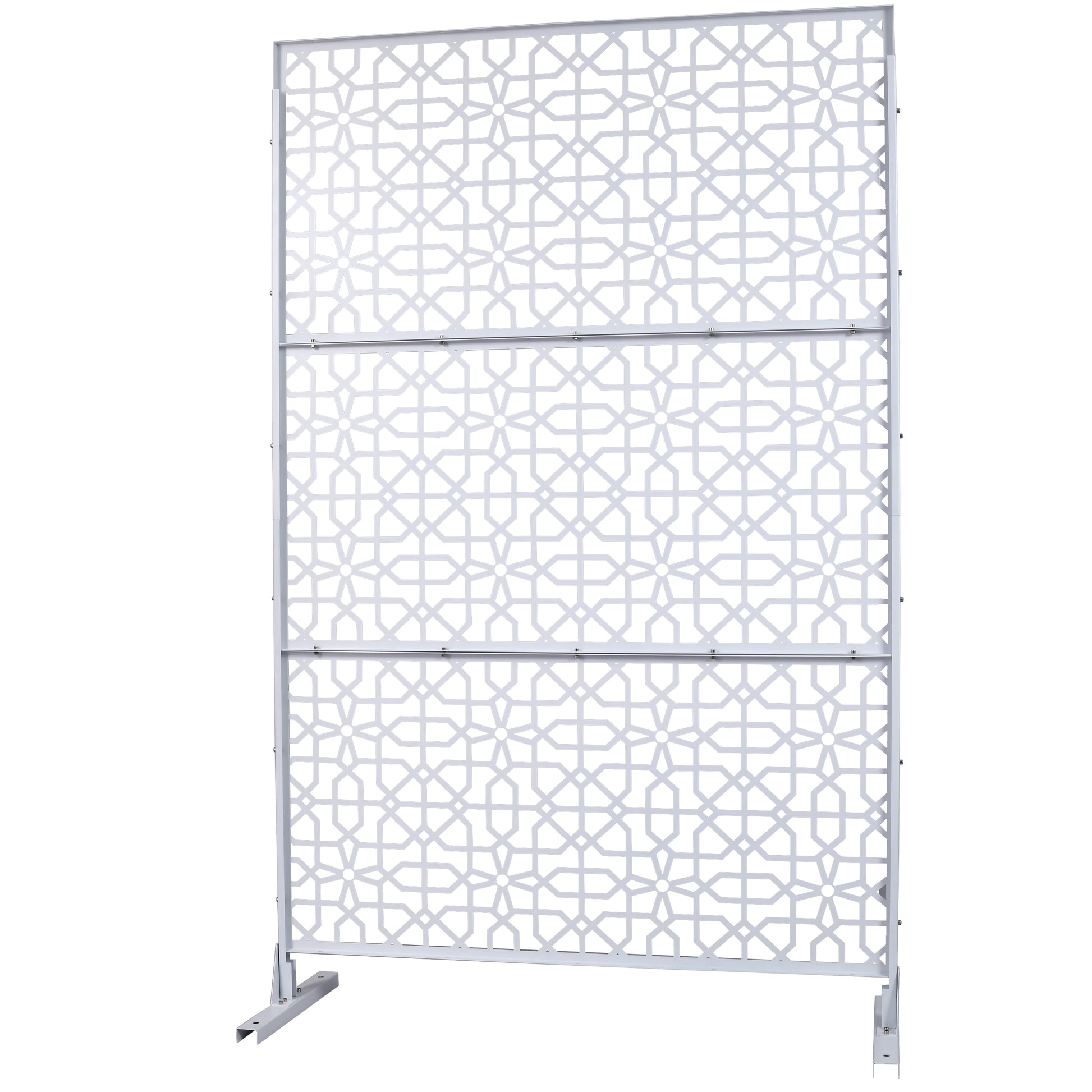 White geometric metal room divider with ornate Moroccan pattern ft tall