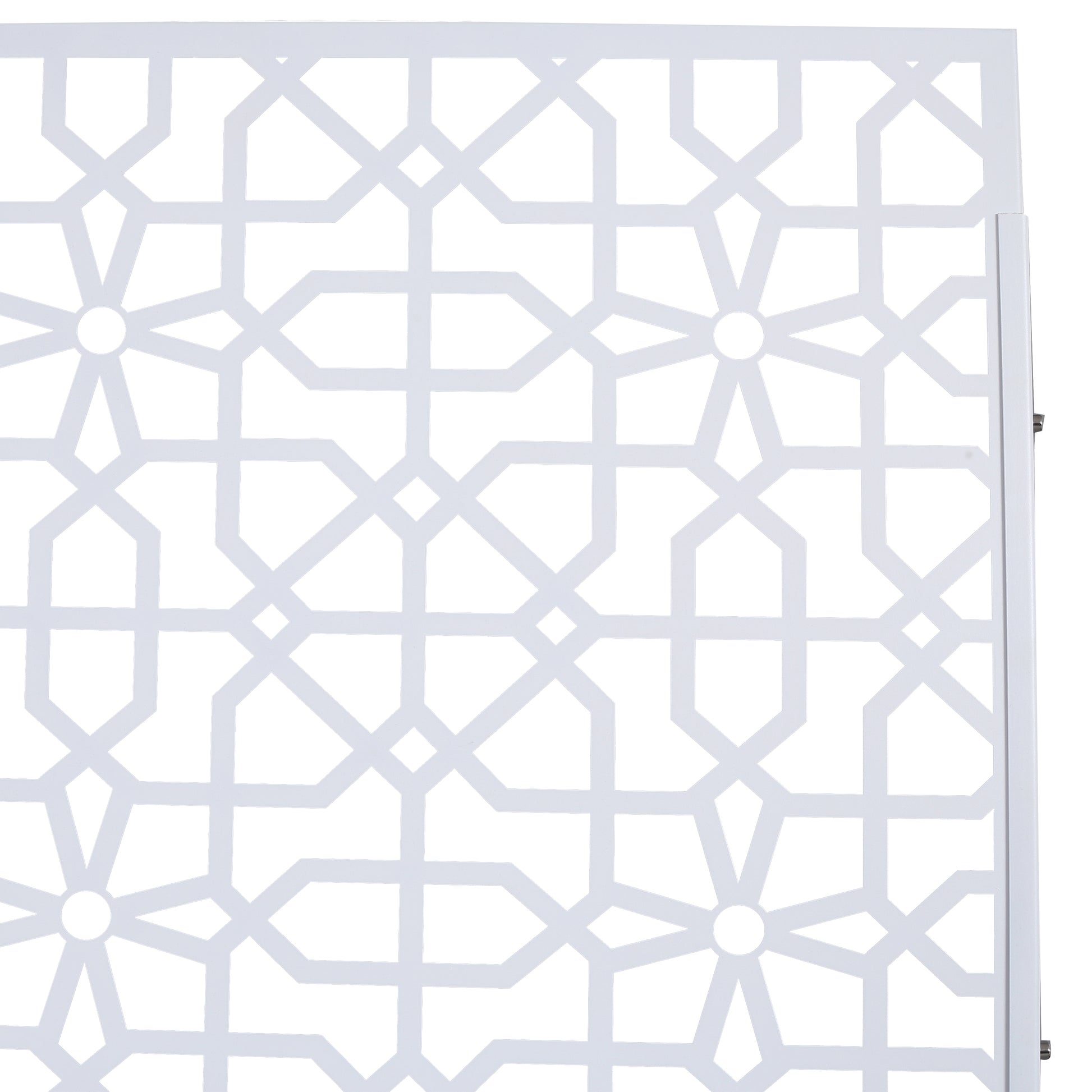 White geometric metal privacy screen panel with an interlocking star pattern for outdoor decor
