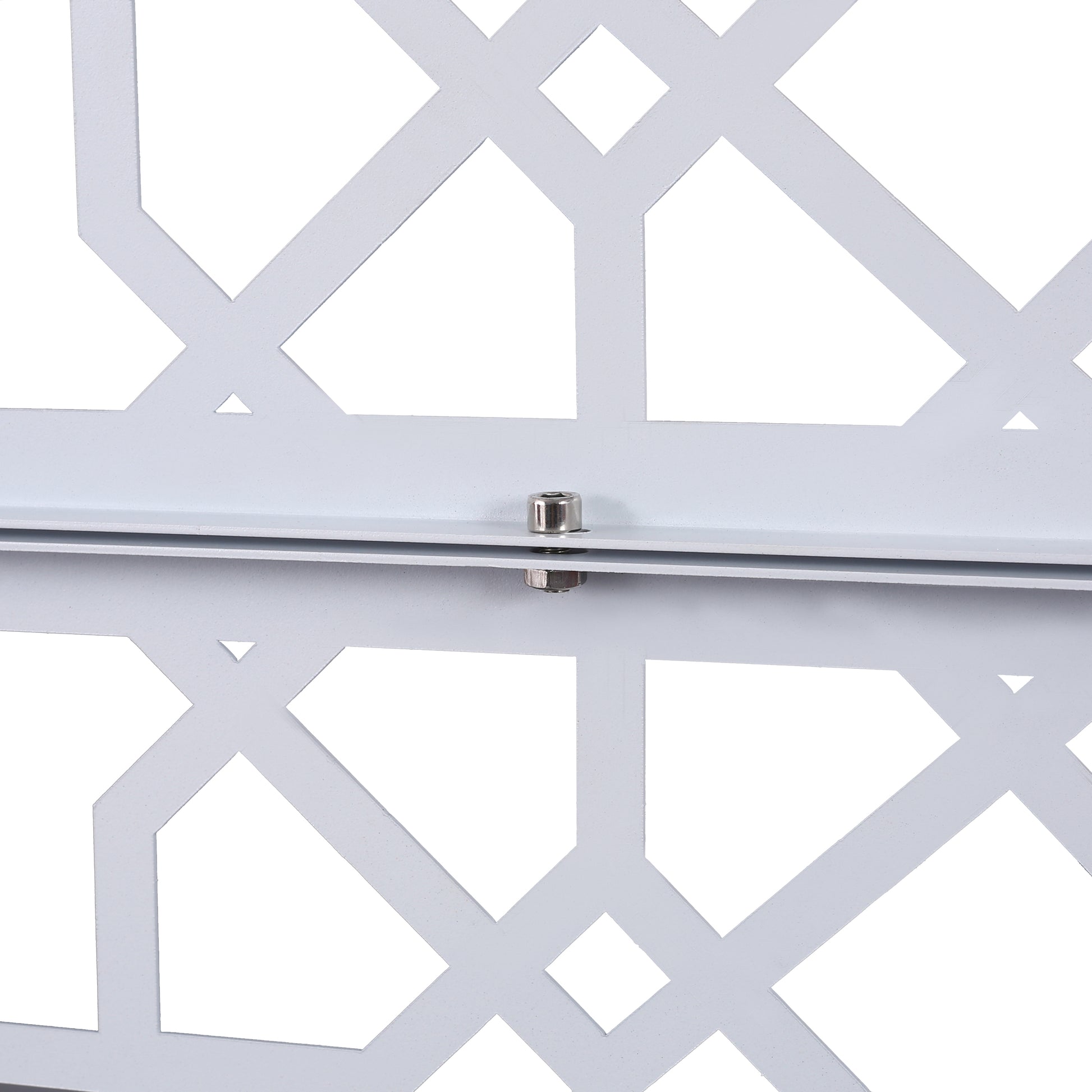 White metal treillage panel with a geometric diamond pattern and visible screw fastening