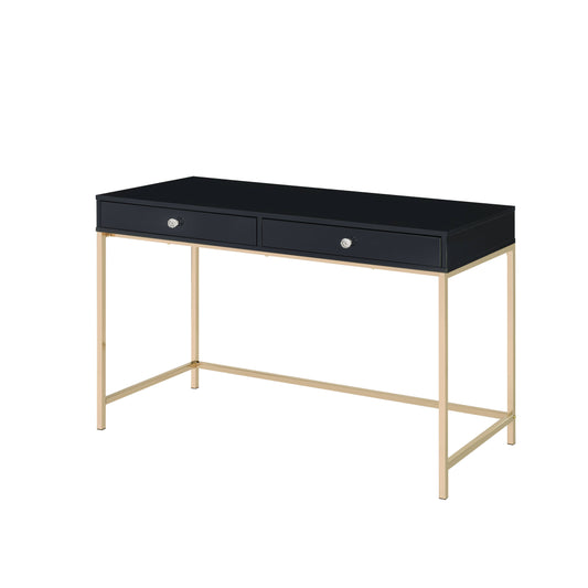 Sleek black vanity desk with crystal knobs and gold legs ideal for a modern bedroom