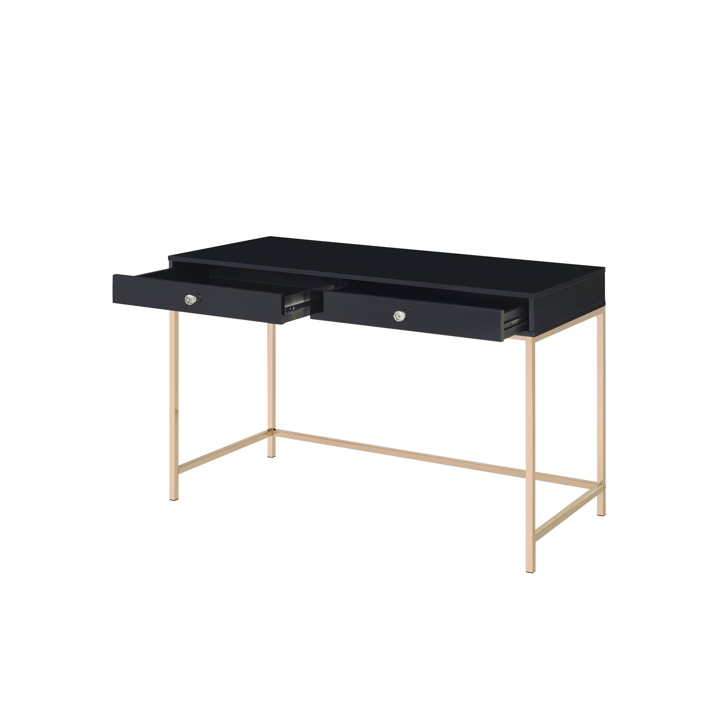 Black modern desk with gold legs and crystal knobs