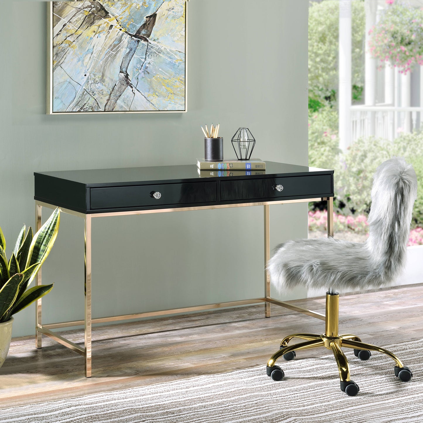 Black gloss vanity desk with gold frame and crystal knobs two drawers for storage