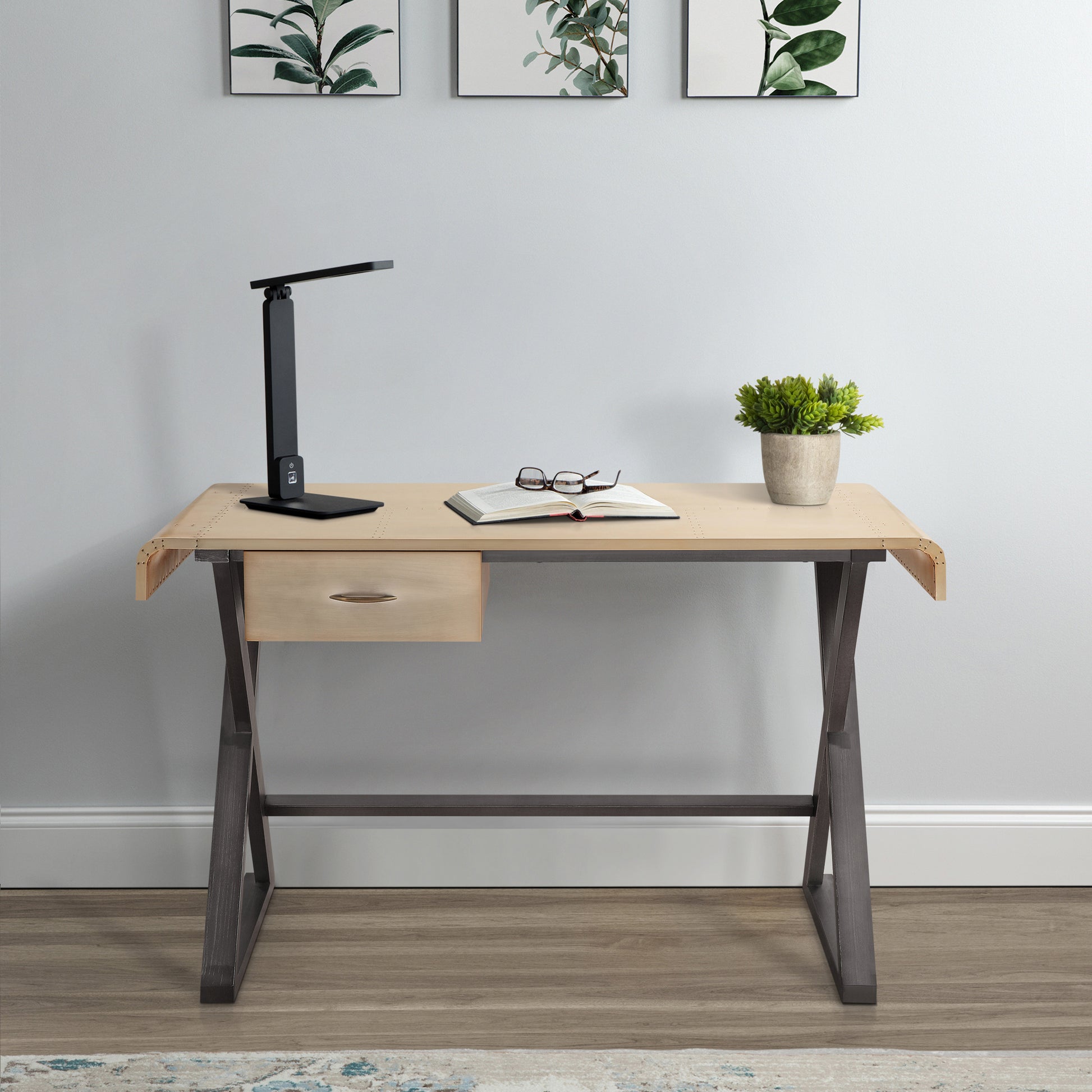 Modern folding desk with wood top metal frame and a single drawer for workspace organization