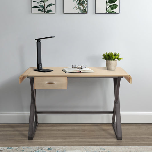 Modern folding desk with wood top metal frame and a single drawer for workspace organization