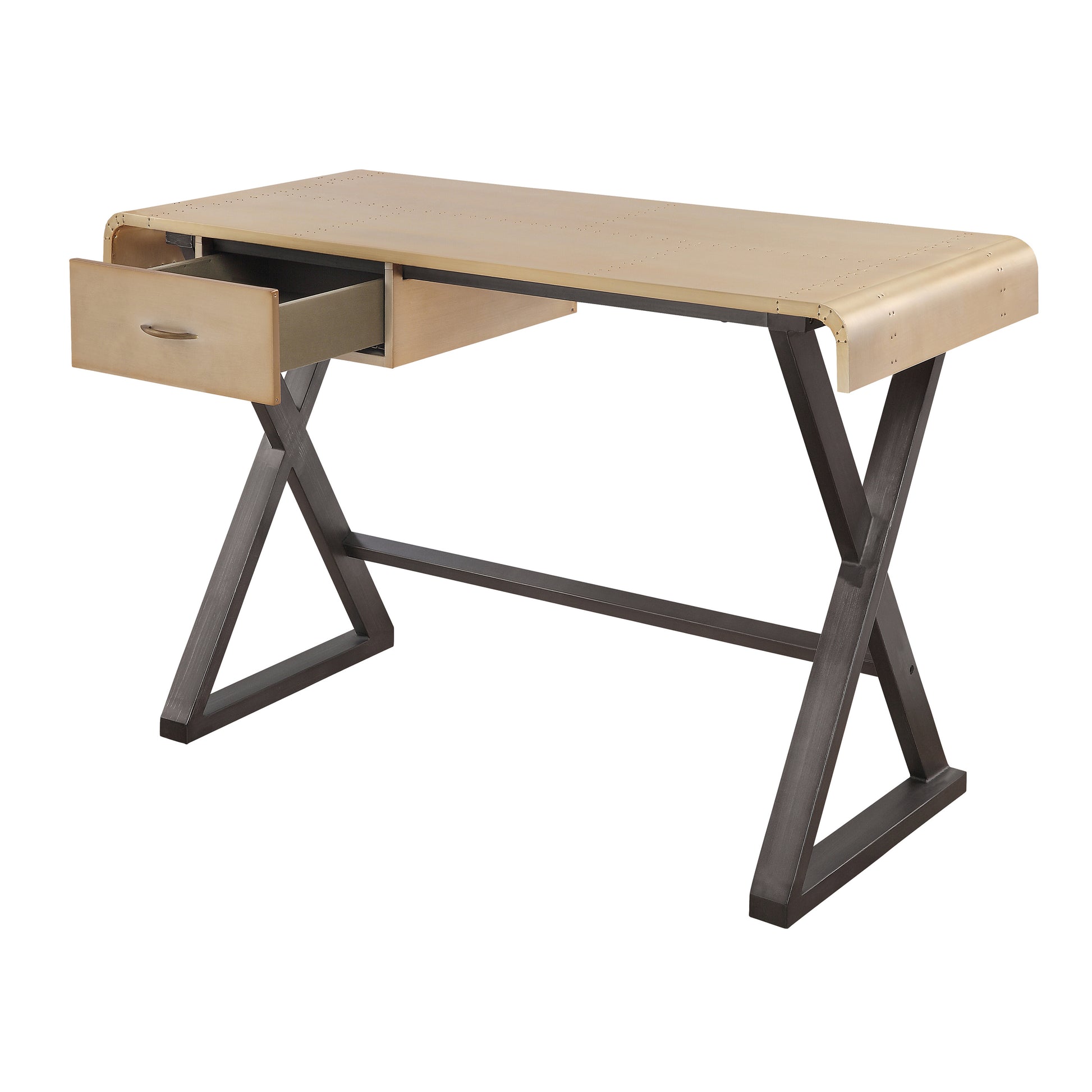 Vintagestyle brass desk with one open drawer and Xshaped metal legs