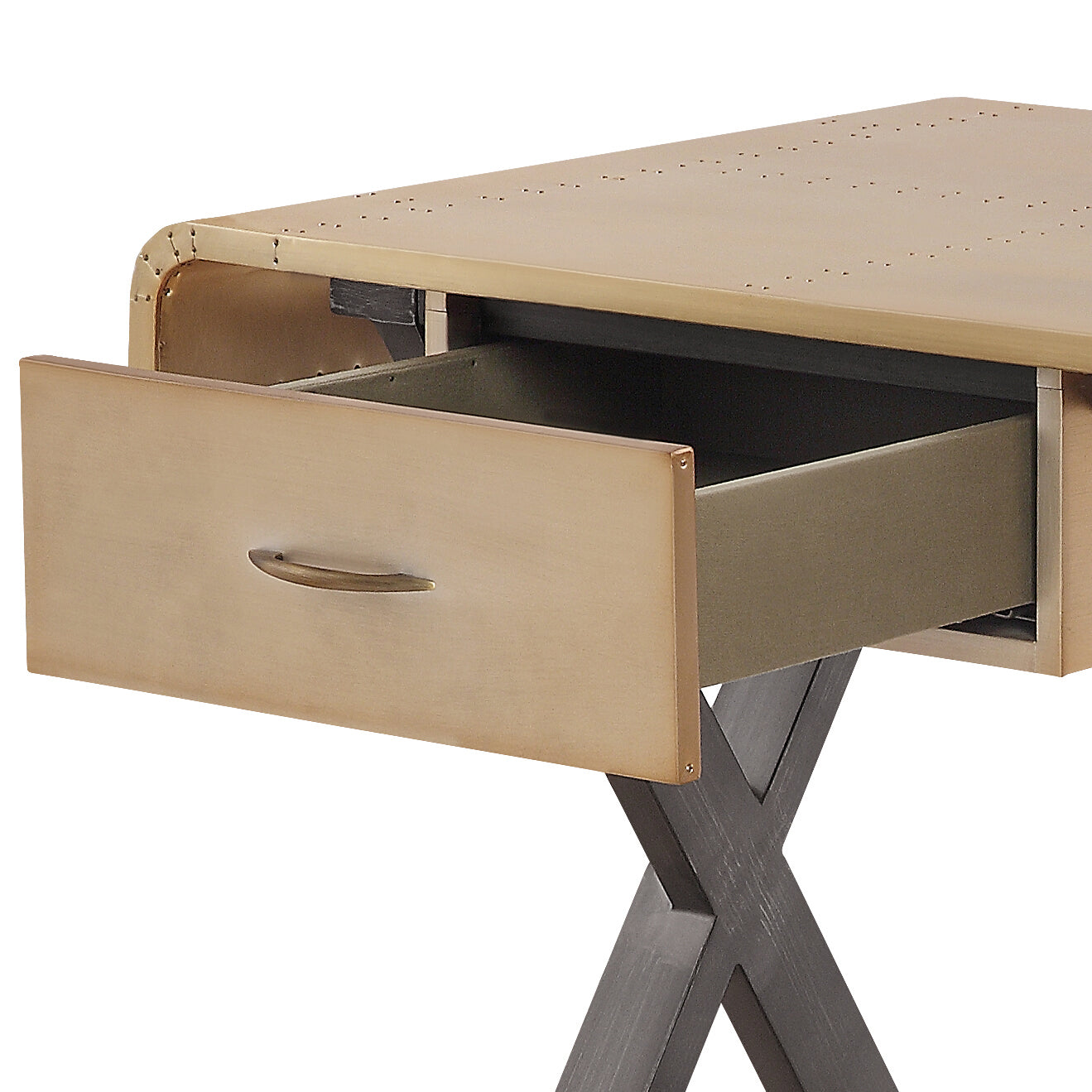 A champagne finish aviator desk with an open drawer and Xframe legs