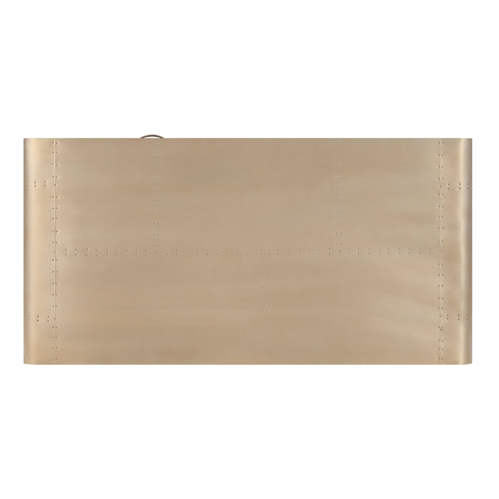 A brushed brass cabinet with visible rivets and a curved edge offering a modern industrial accent
