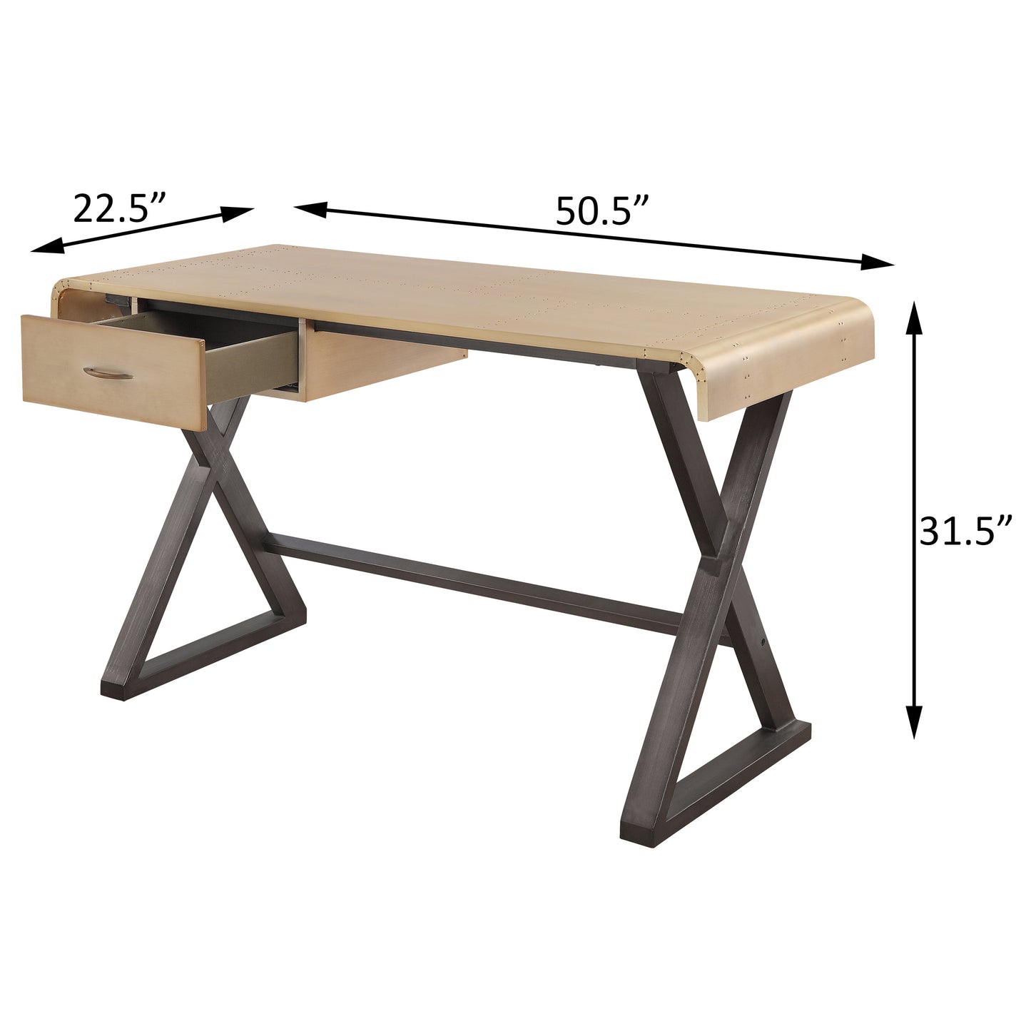 Modern brass aviator desk with a single pullout drawer and dark metal Xframe legs