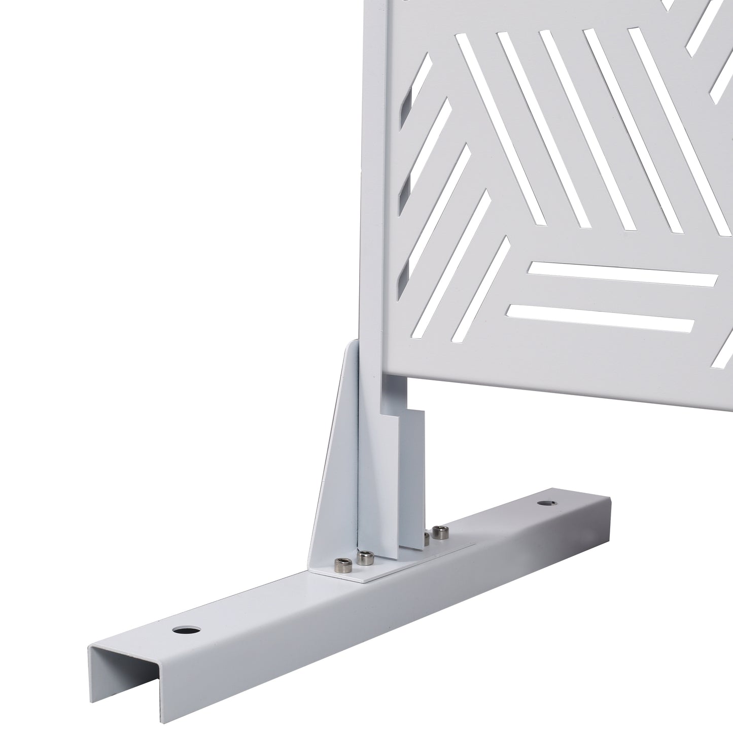 White metal privacy screen panel with a geometric cutout pattern and base support