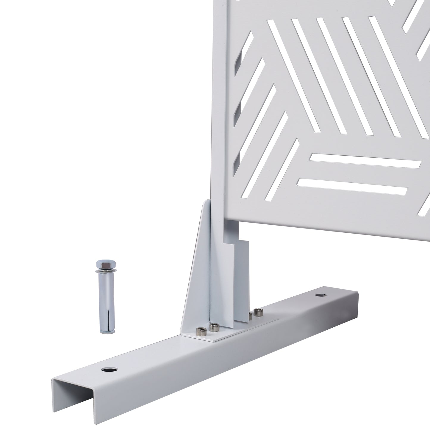 White metal privacy screen panel with geometric cutouts and mounting hardware