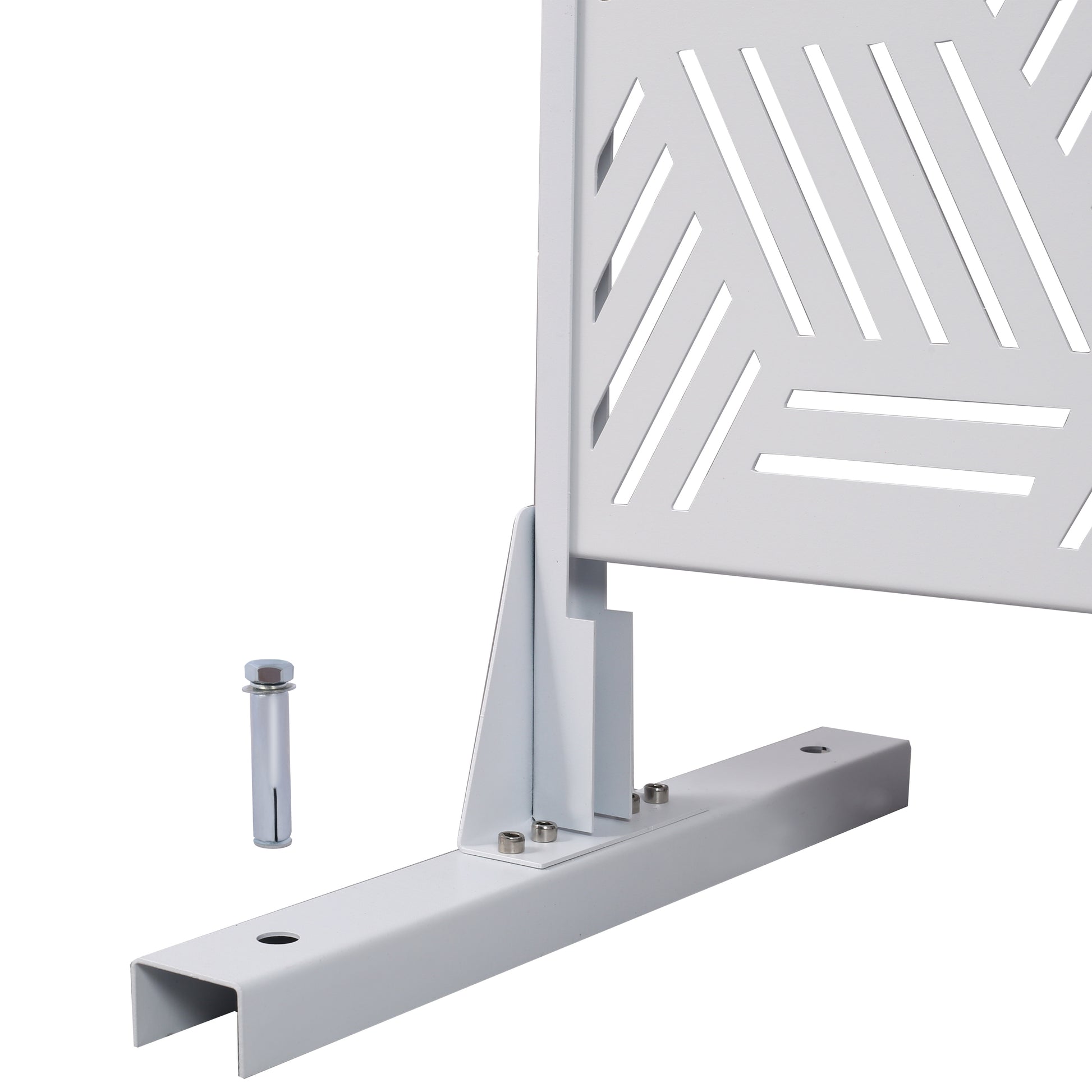White metal privacy screen panel with geometric cutouts and mounting hardware