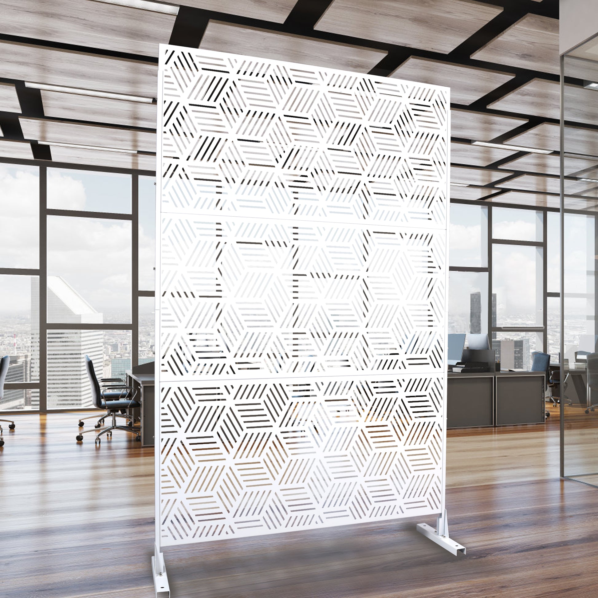 White geometric lasercut room divider with hexagonal pattern  inches tall