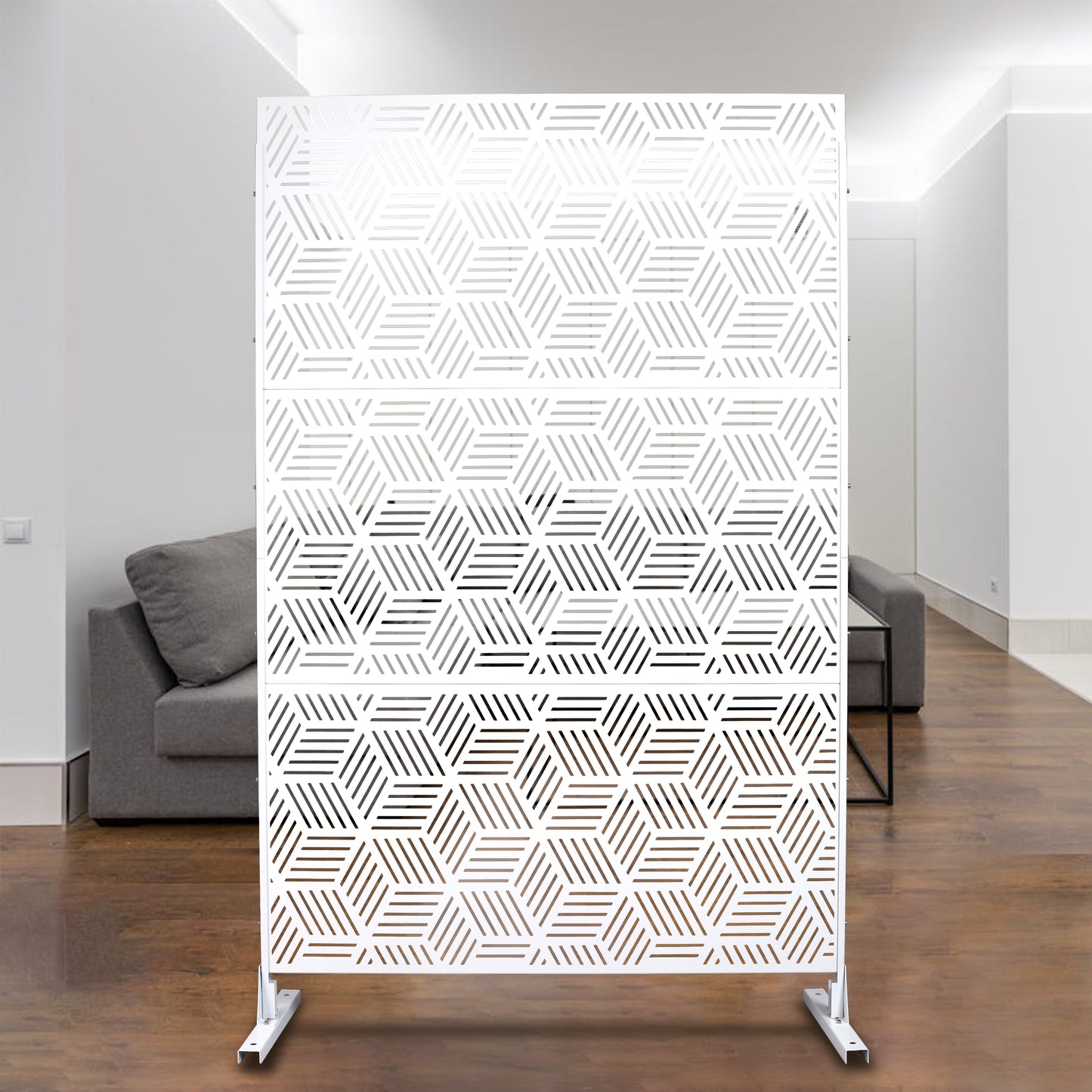 White modern room divider with geometric cutout pattern