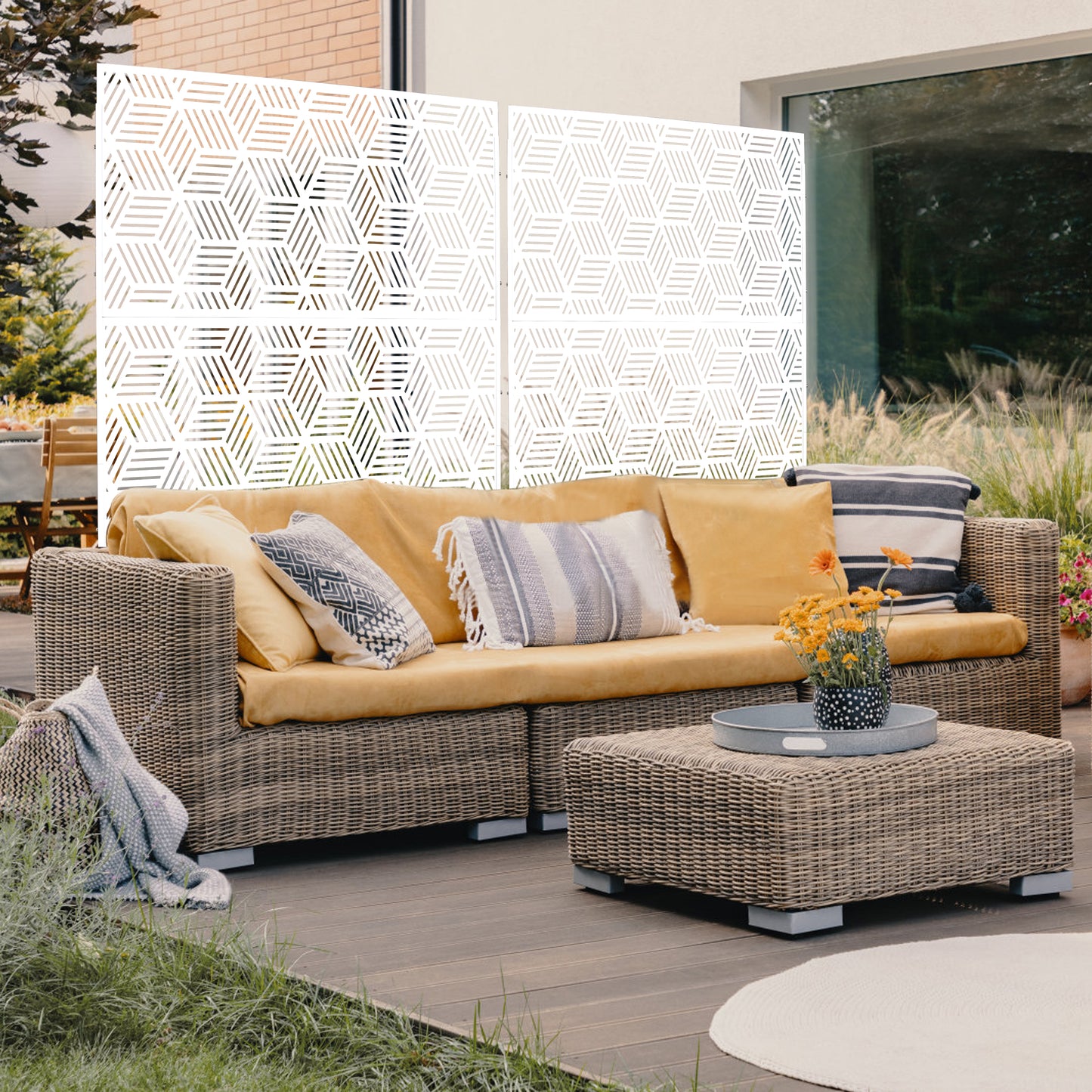 White geometric garden screen with hexagonal pattern ideal for outdoor privacy