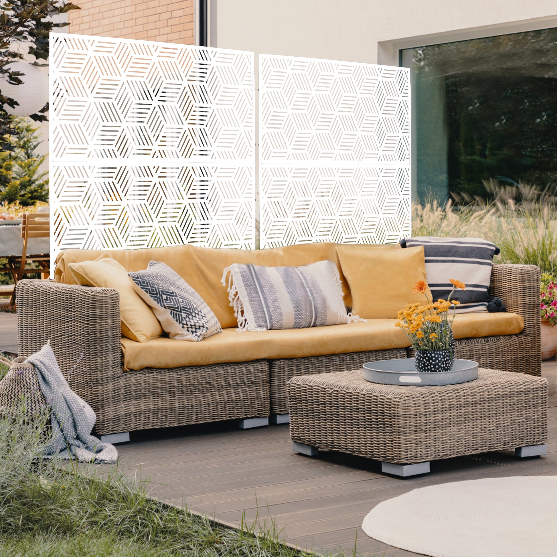 White geometric garden screen with hexagonal pattern ideal for outdoor privacy