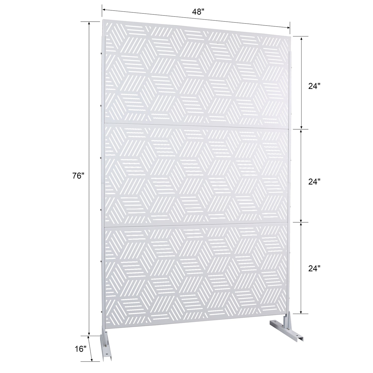 White inch privacy screen with geometric cube pattern and silver stand