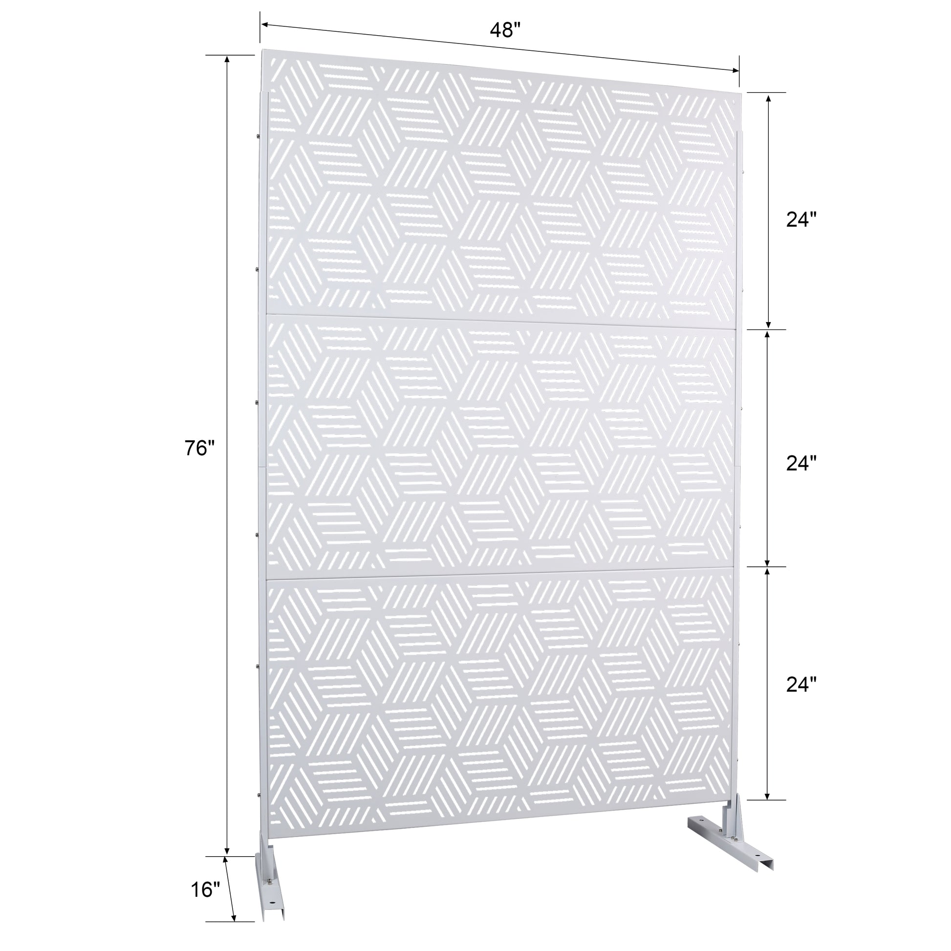 White inch privacy screen with geometric cube pattern and silver stand