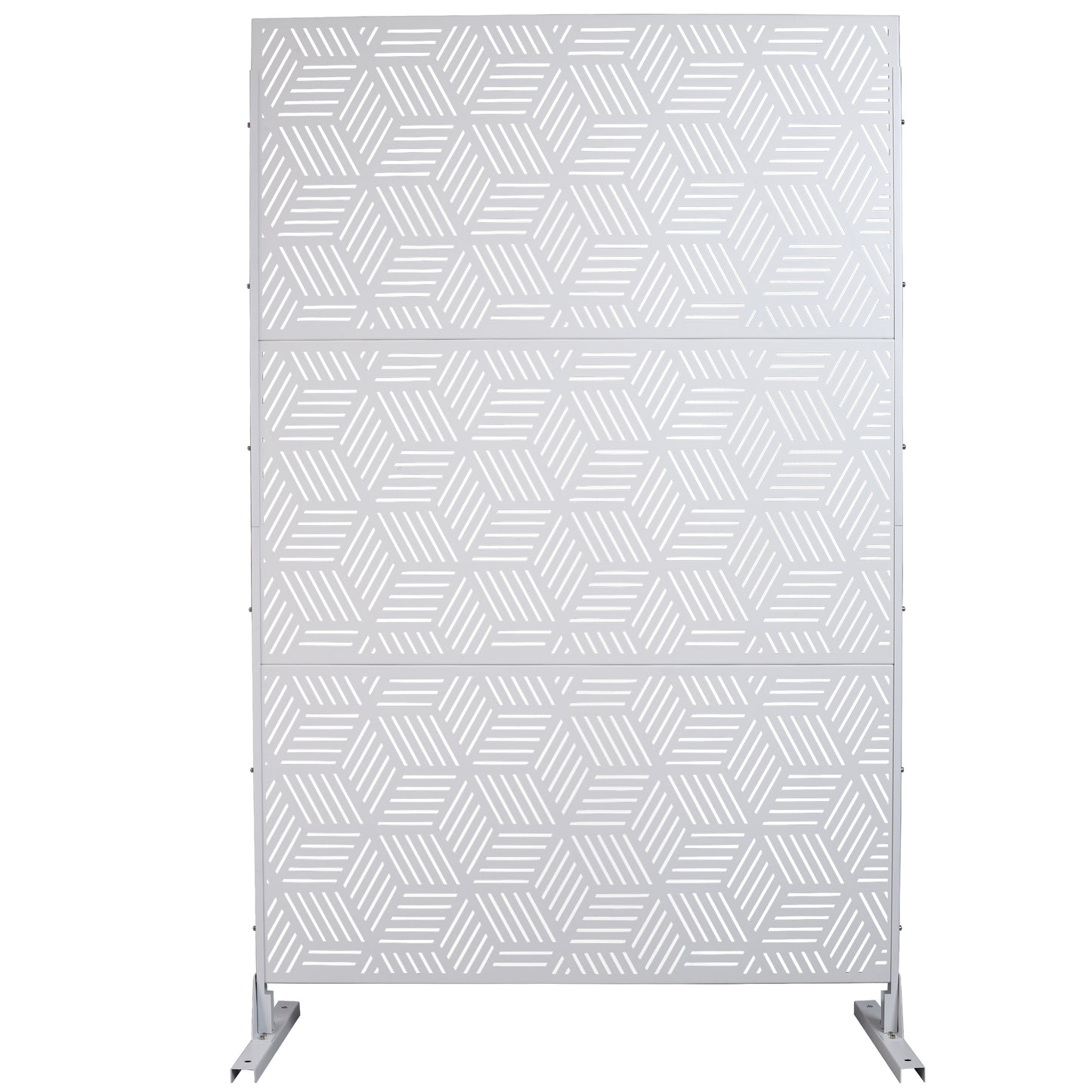 Modern grey metal garden screen with geometric cutout pattern perfect for outdoor privacy
