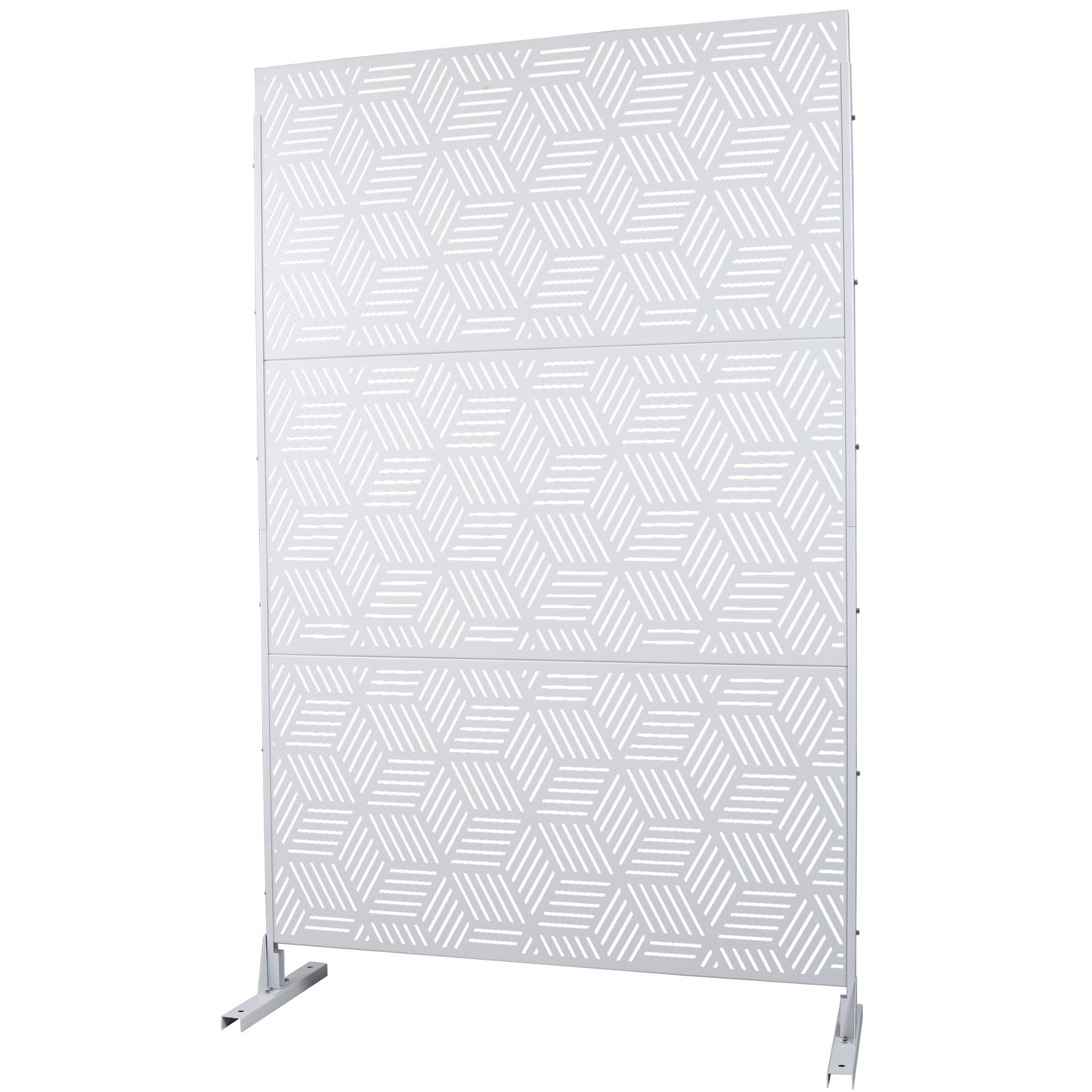 White metal decorative screen with geometric pattern and stand