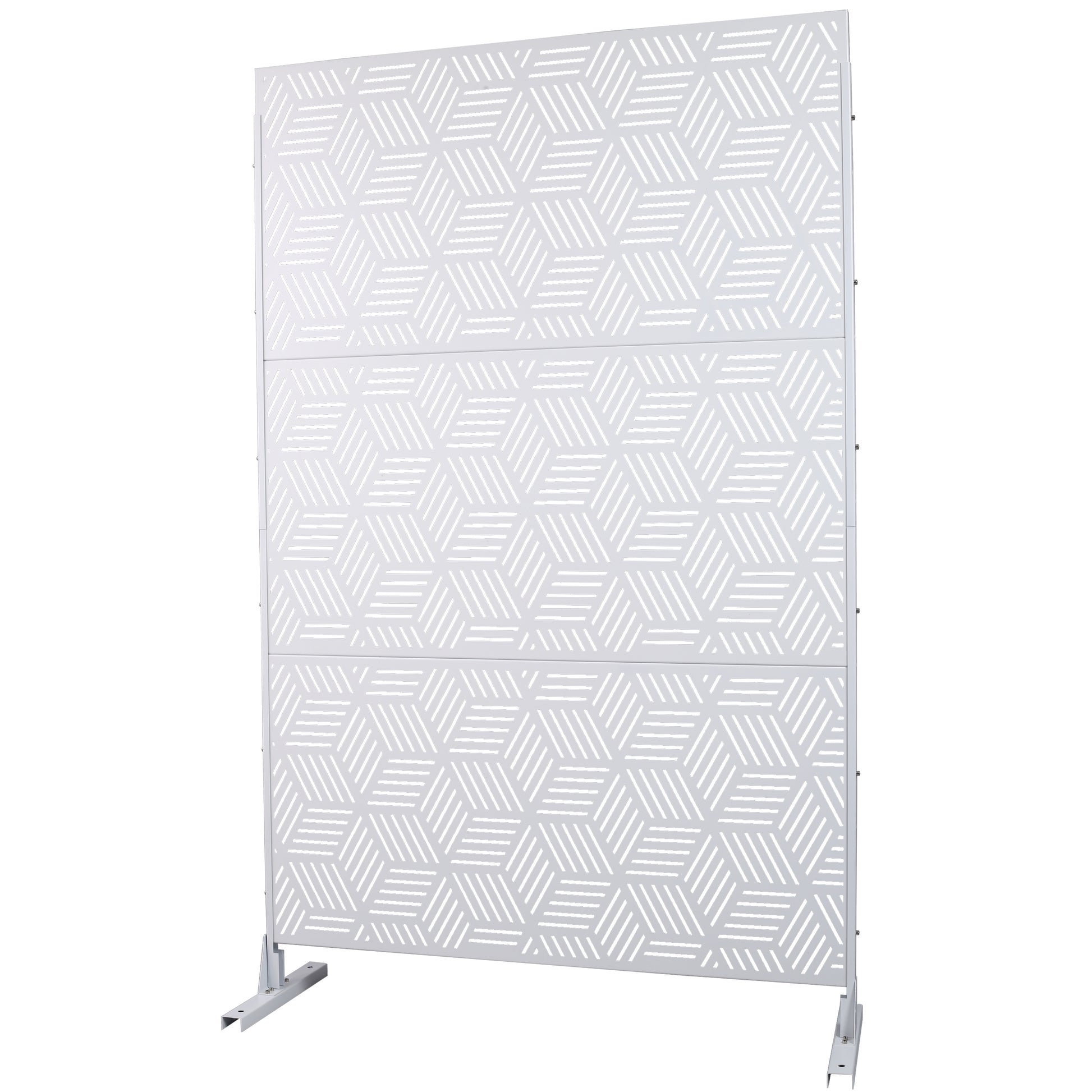 White metal decorative screen with geometric pattern and stand