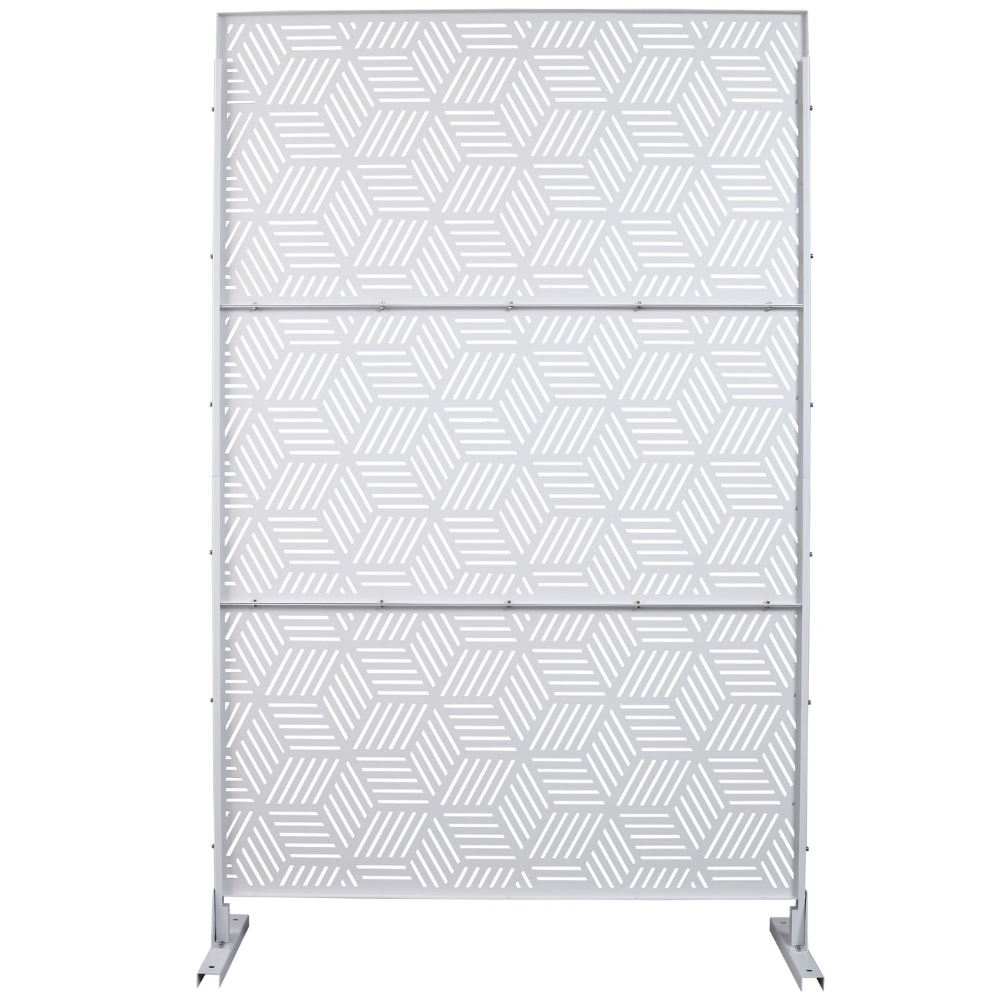 White metal garden screen with repeating hexagonal geometric cutouts