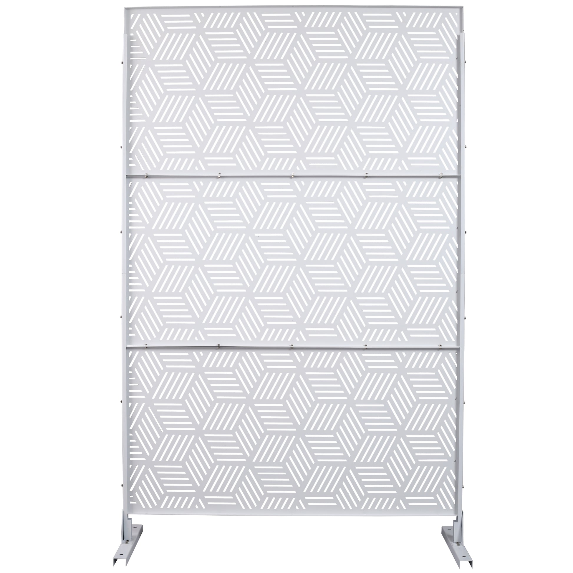 White metal garden screen with repeating hexagonal geometric cutouts
