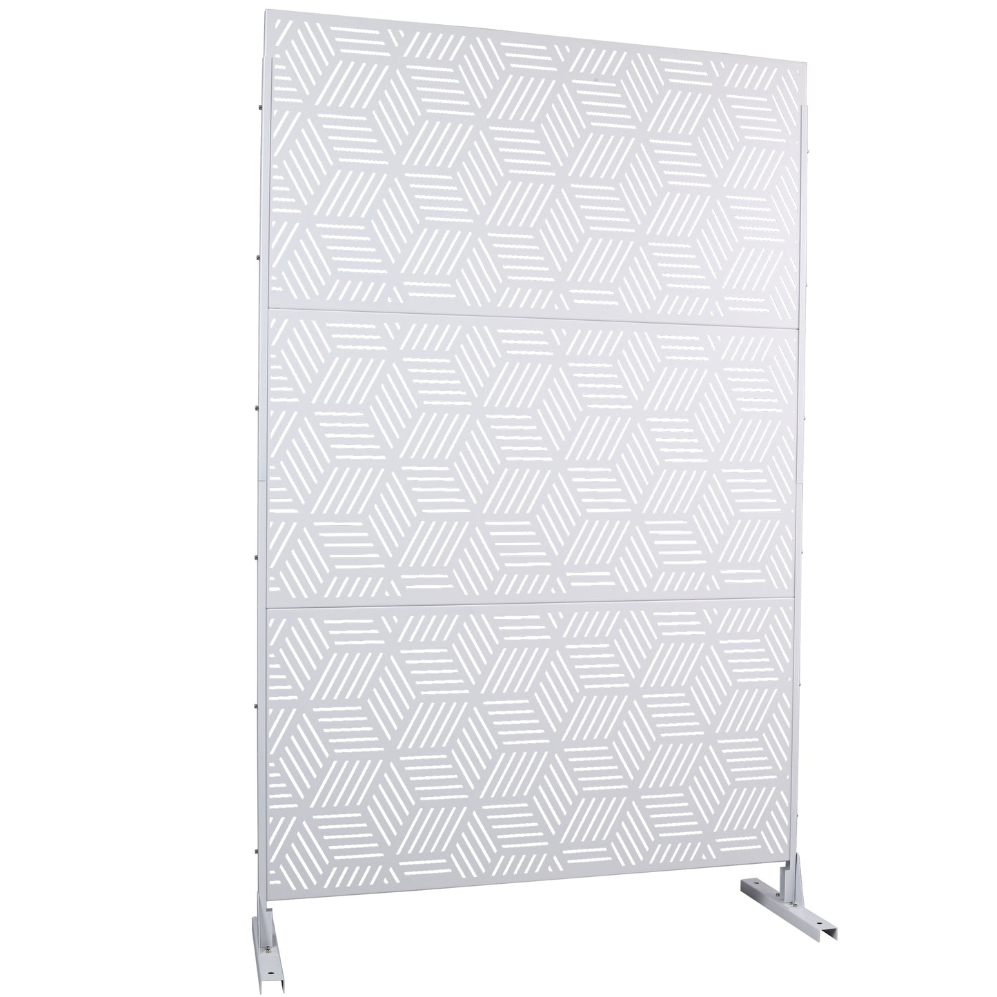 White metal garden screen with modern geometric cube pattern ft