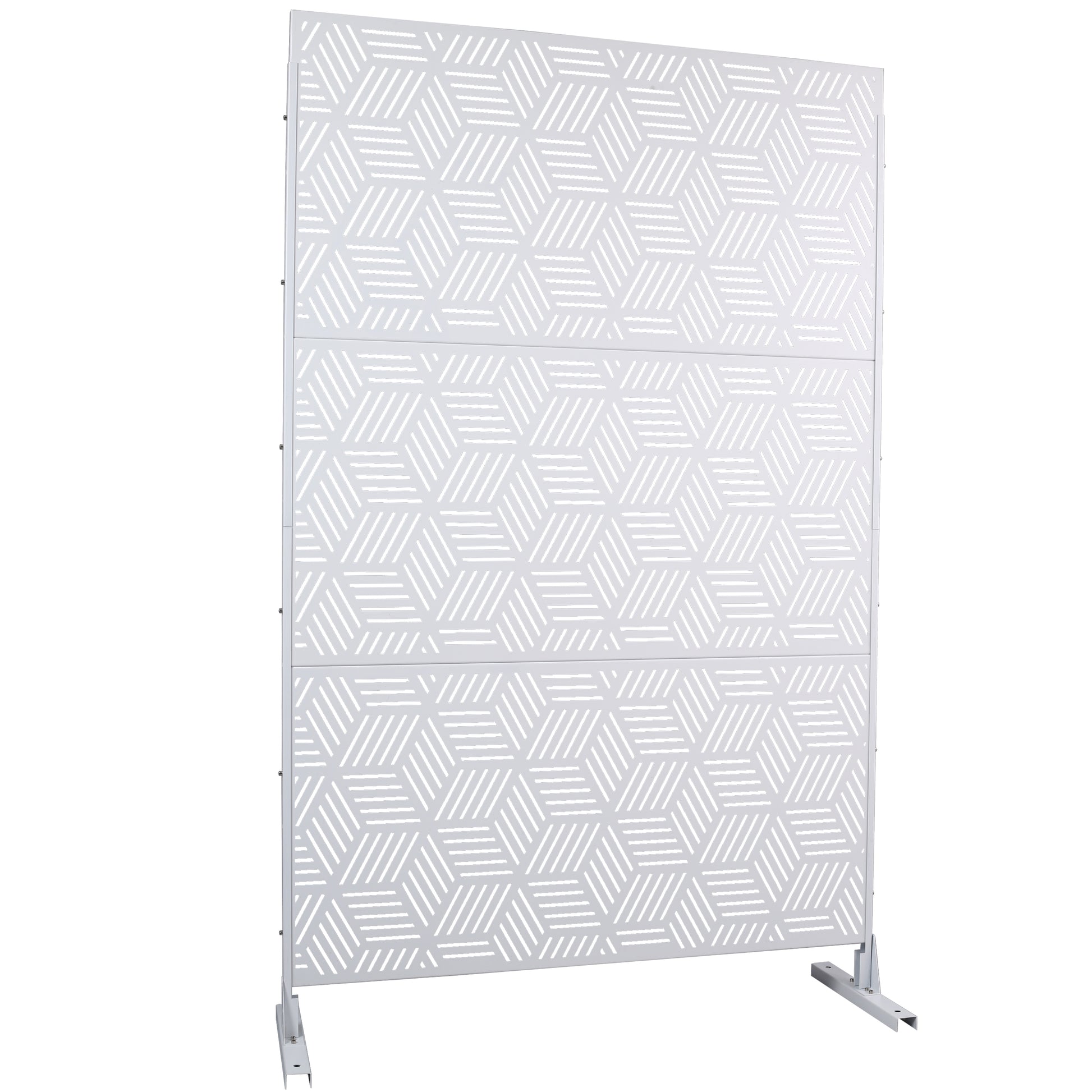 White metal garden screen with modern geometric cube pattern ft