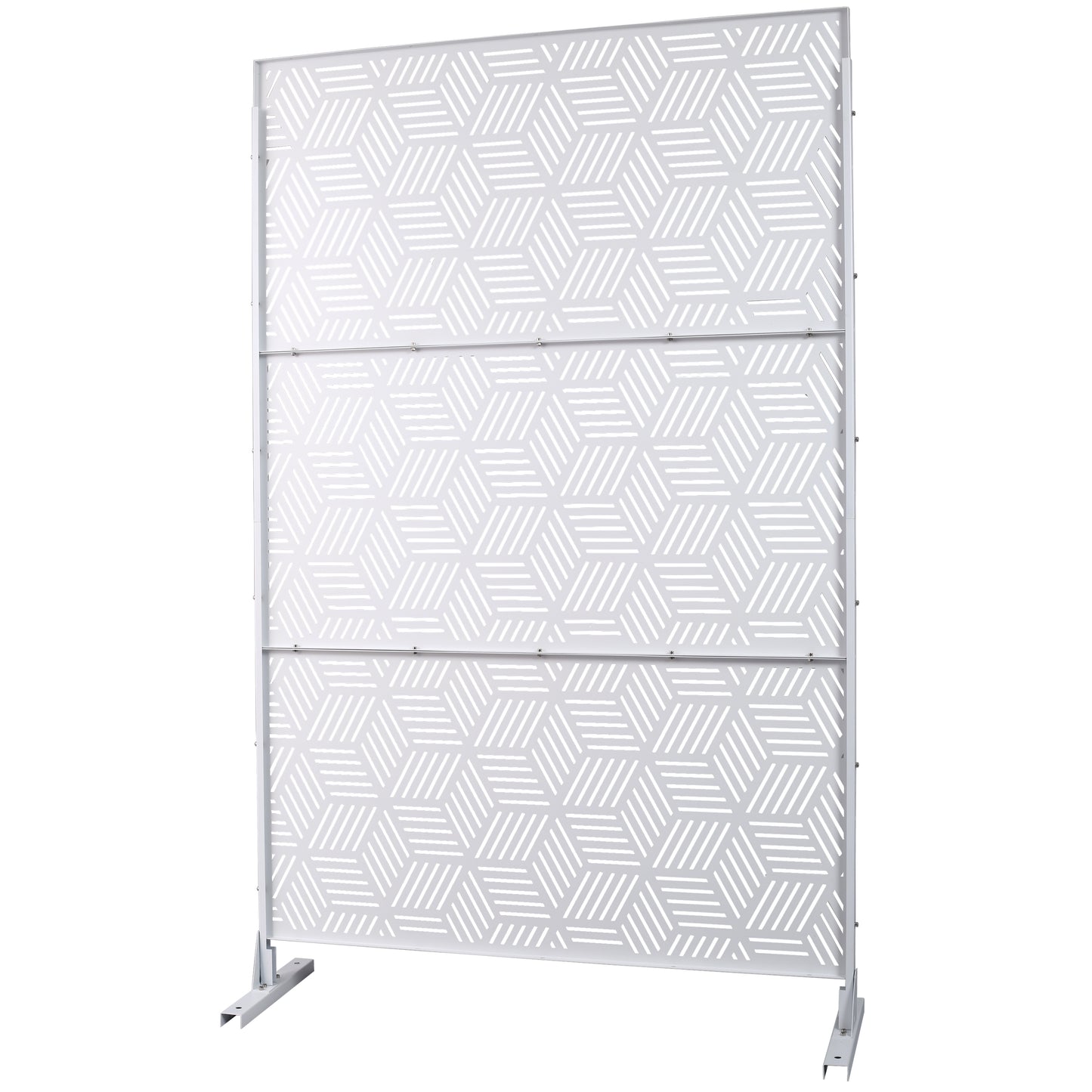 White geometric metal garden screen with cube pattern and stand