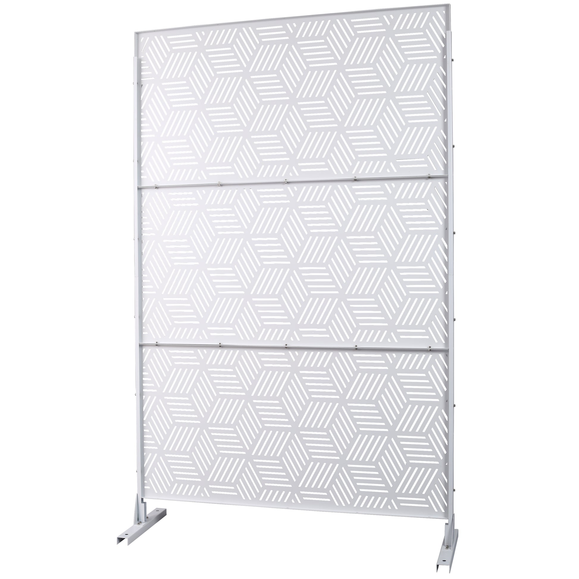 White geometric metal garden screen with cube pattern and stand