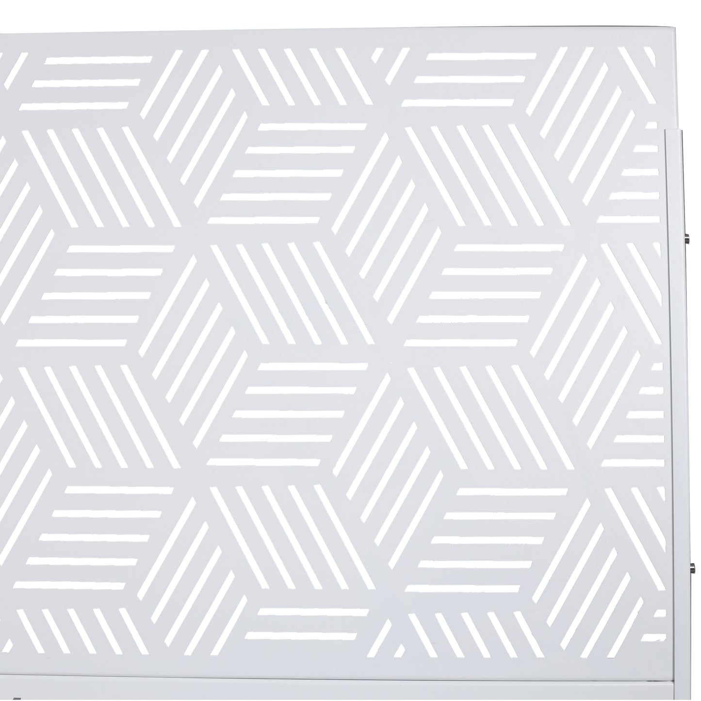 White metal privacy screen panel with modern geometric pattern outdoor decor
