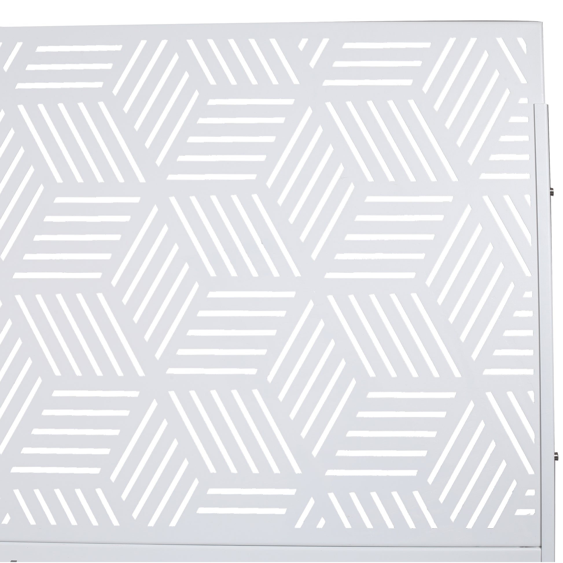 White metal privacy screen panel with modern geometric pattern outdoor decor