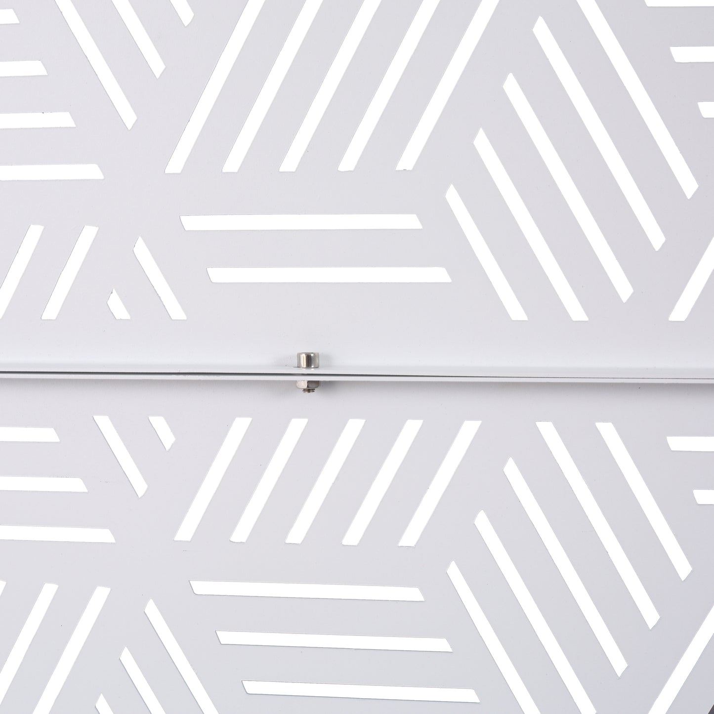 Modern white geometric metal screen panel with angled cutouts for ventilation
