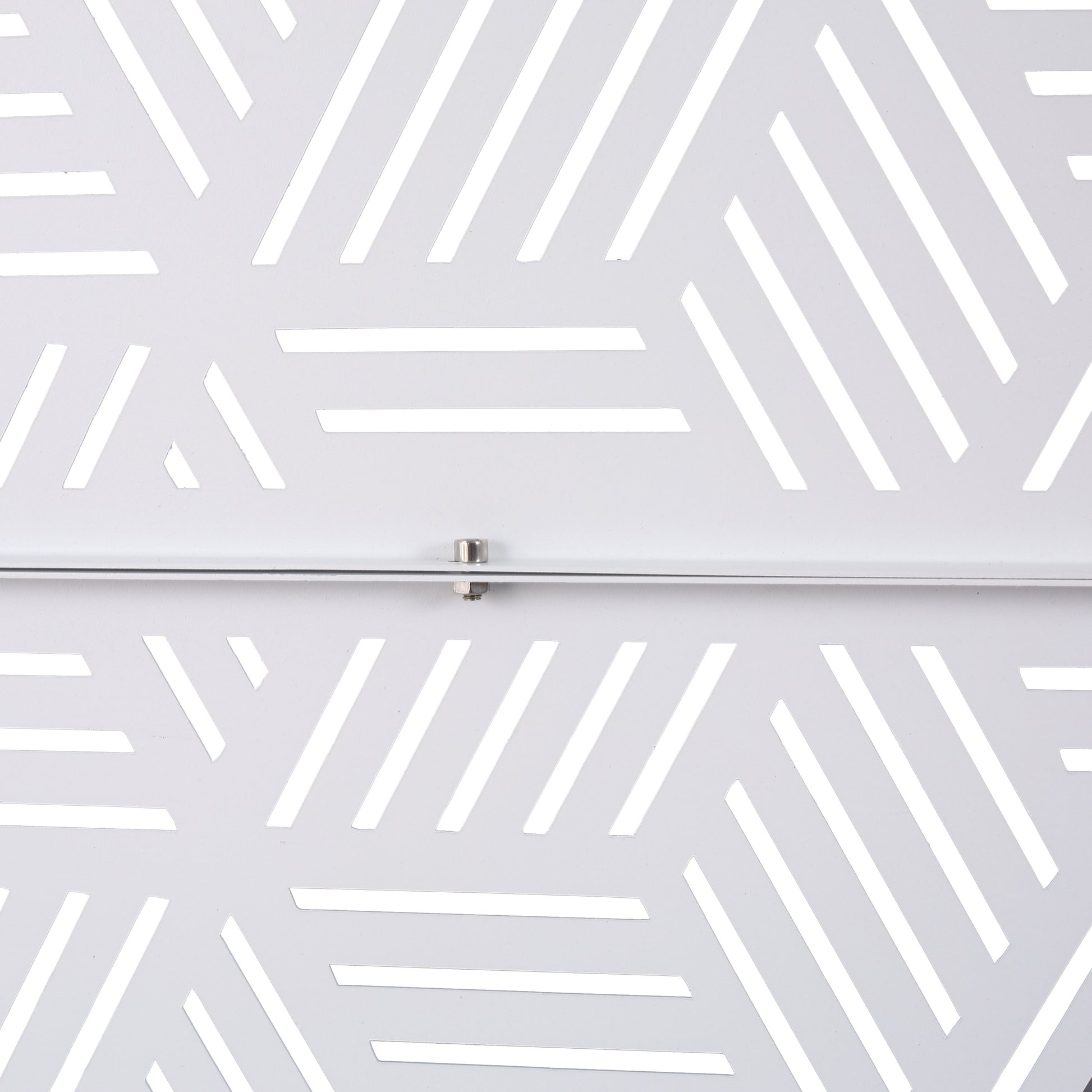 Modern white geometric metal screen panel with angled cutouts for ventilation