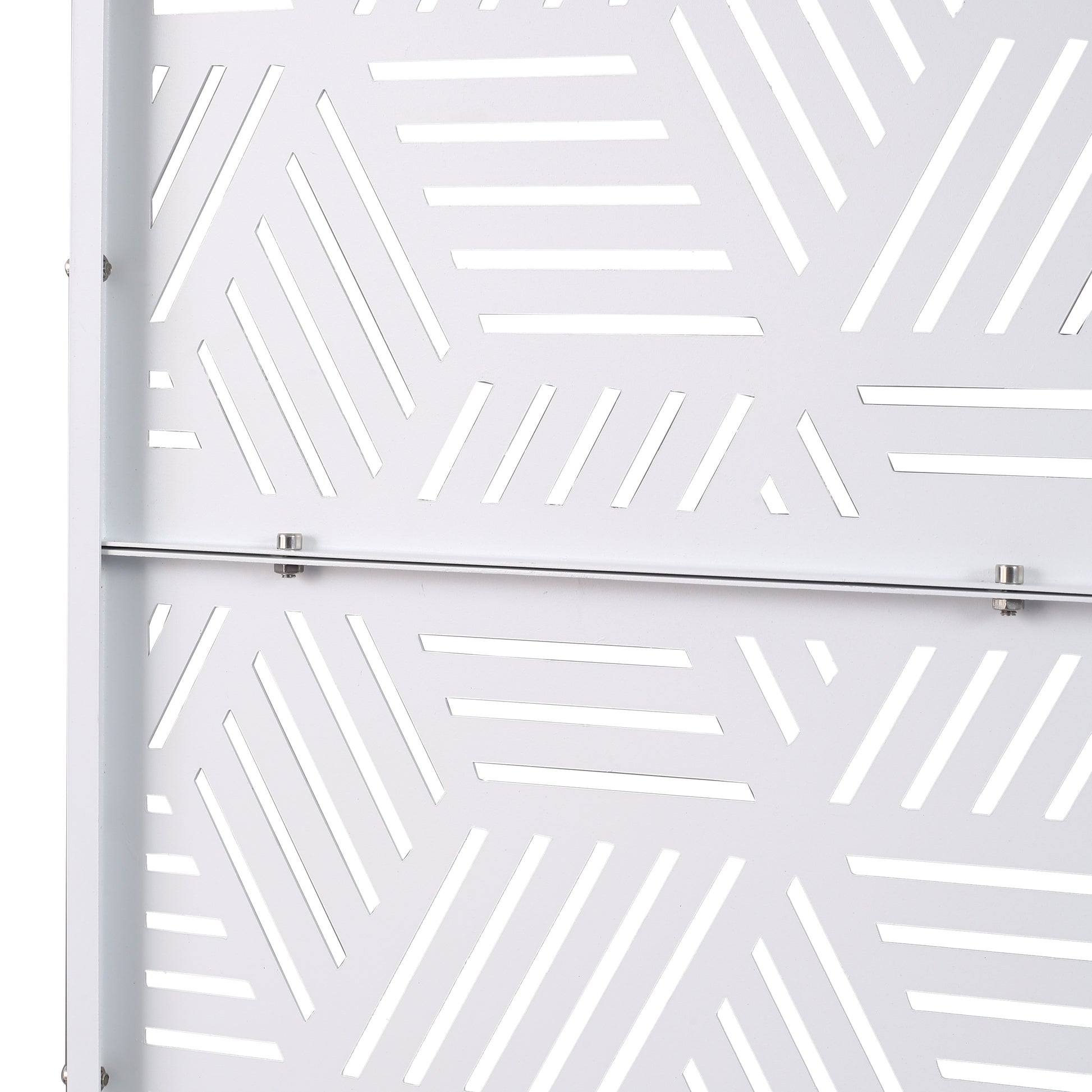 White metal privacy screen panel with geometric cutouts ideal for outdoor spaces