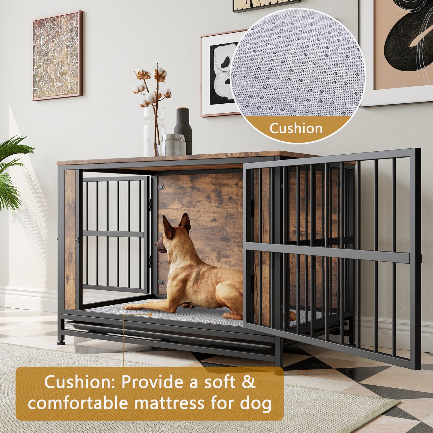 Wooden dog crate with metal bars featuring a comfortable grey cushion for pet use