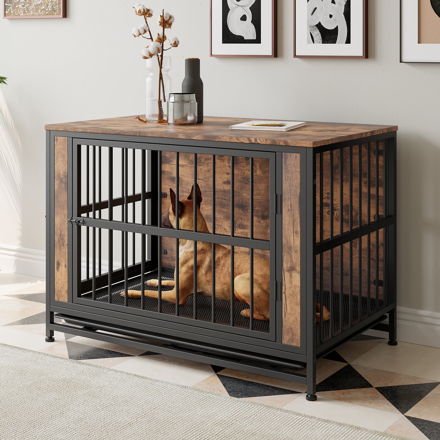 Rustic dog crate with woodgrain top and black metal frame for mediumsized dogs