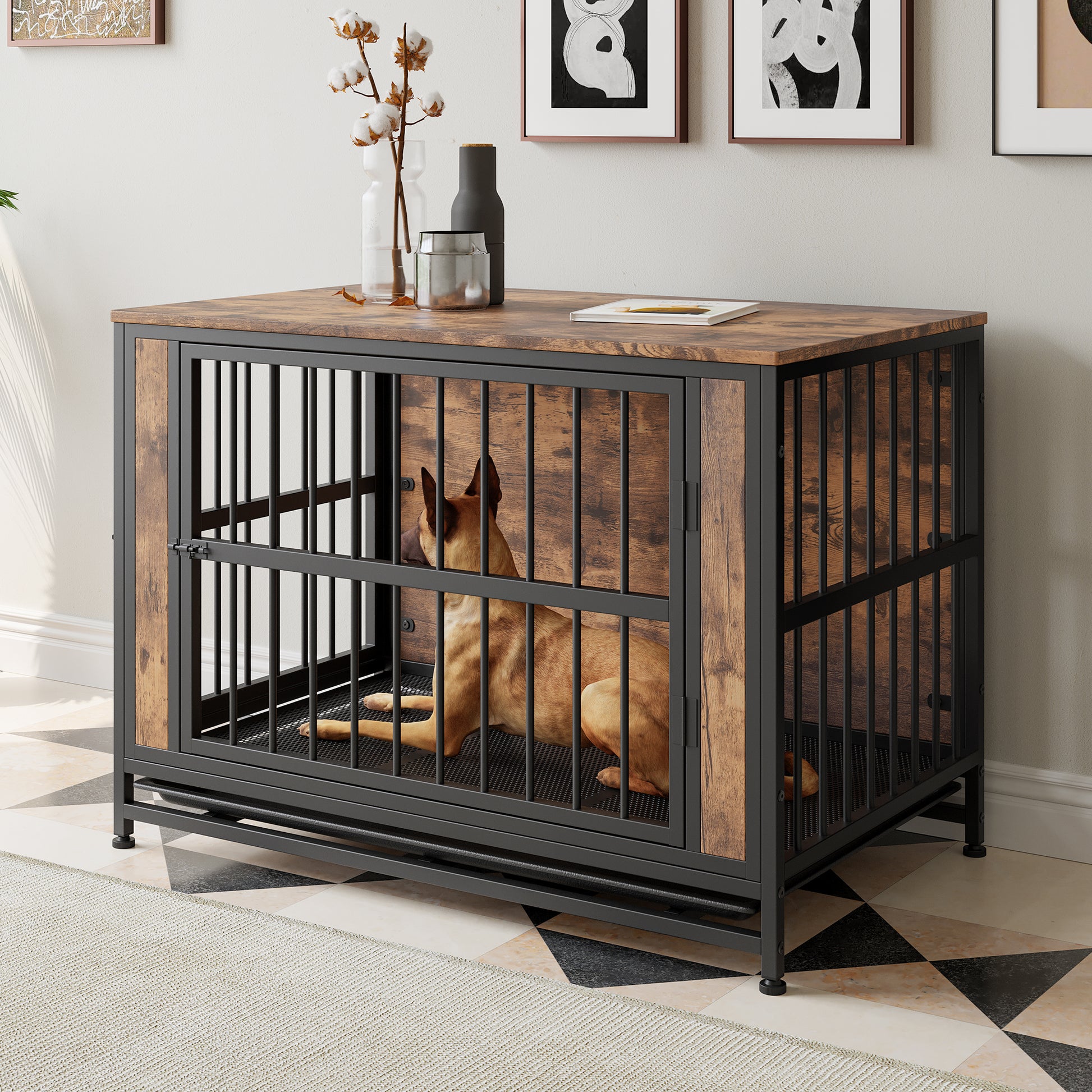 Rustic dog crate with woodgrain top and black metal frame for mediumsized dogs
