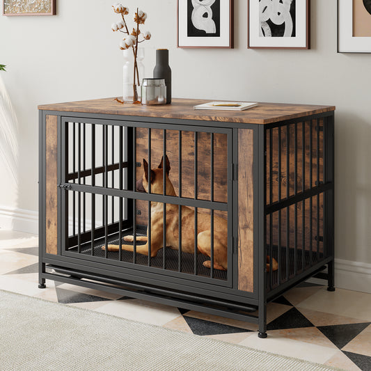 Rustic dog crate with woodgrain top and black metal frame for mediumsized dogs