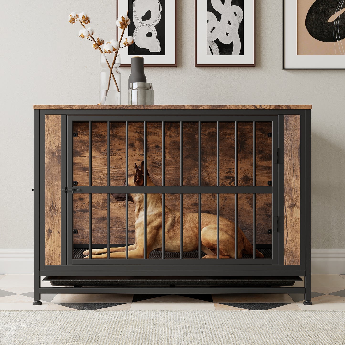 Rustic wooden dog crate furniture with metal bars and a relaxed dog inside