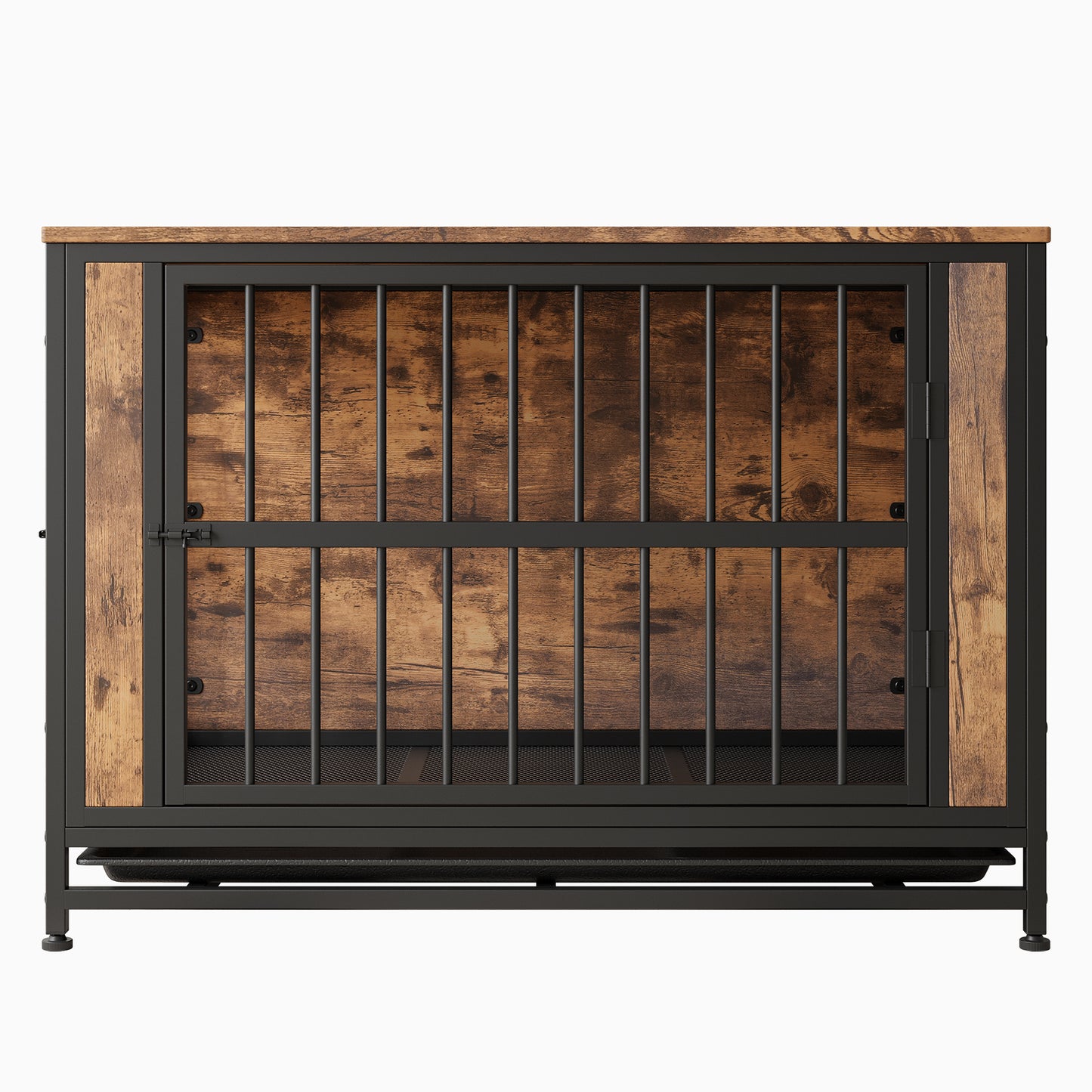 Rustic wooden dog crate with black metal frame and latch offering secure enclosure for pets