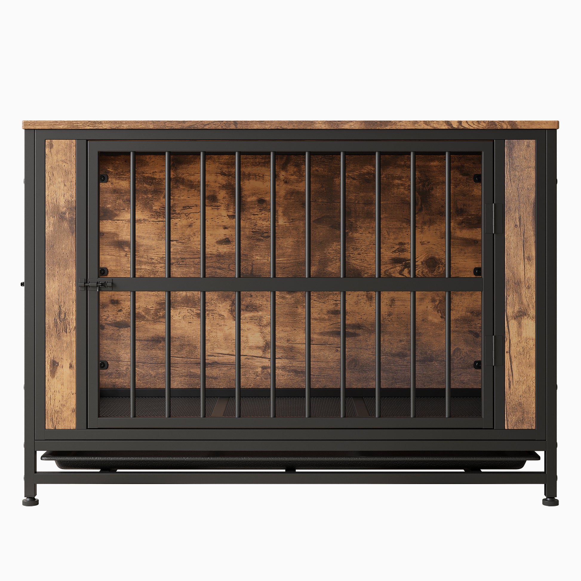Rustic wooden dog crate with black metal frame and latch offering secure enclosure for pets
