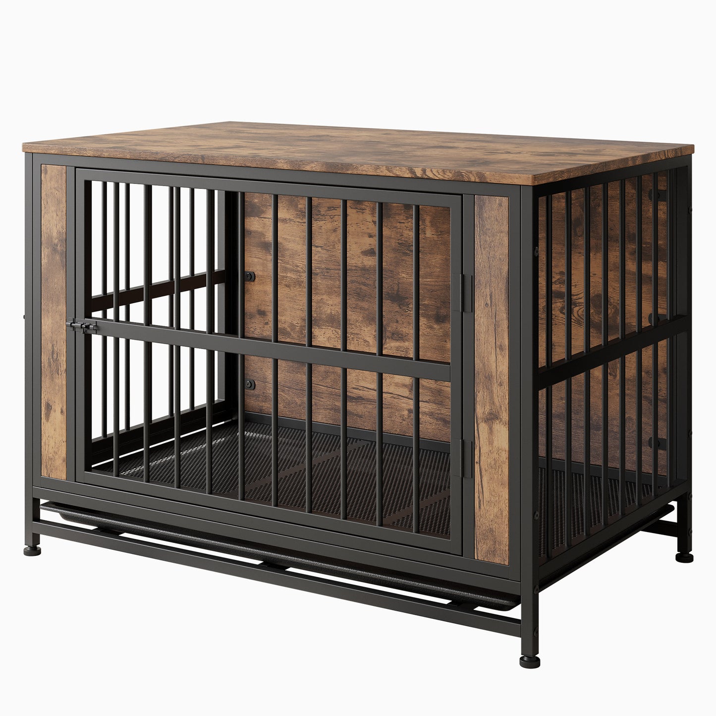 Rustic brown wooden and black metal dog crate with a modern design